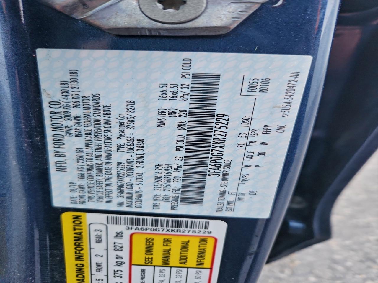 2019 Ford Fusion S VIN: 3FA6P0G7XKR275229 Lot: 94191665