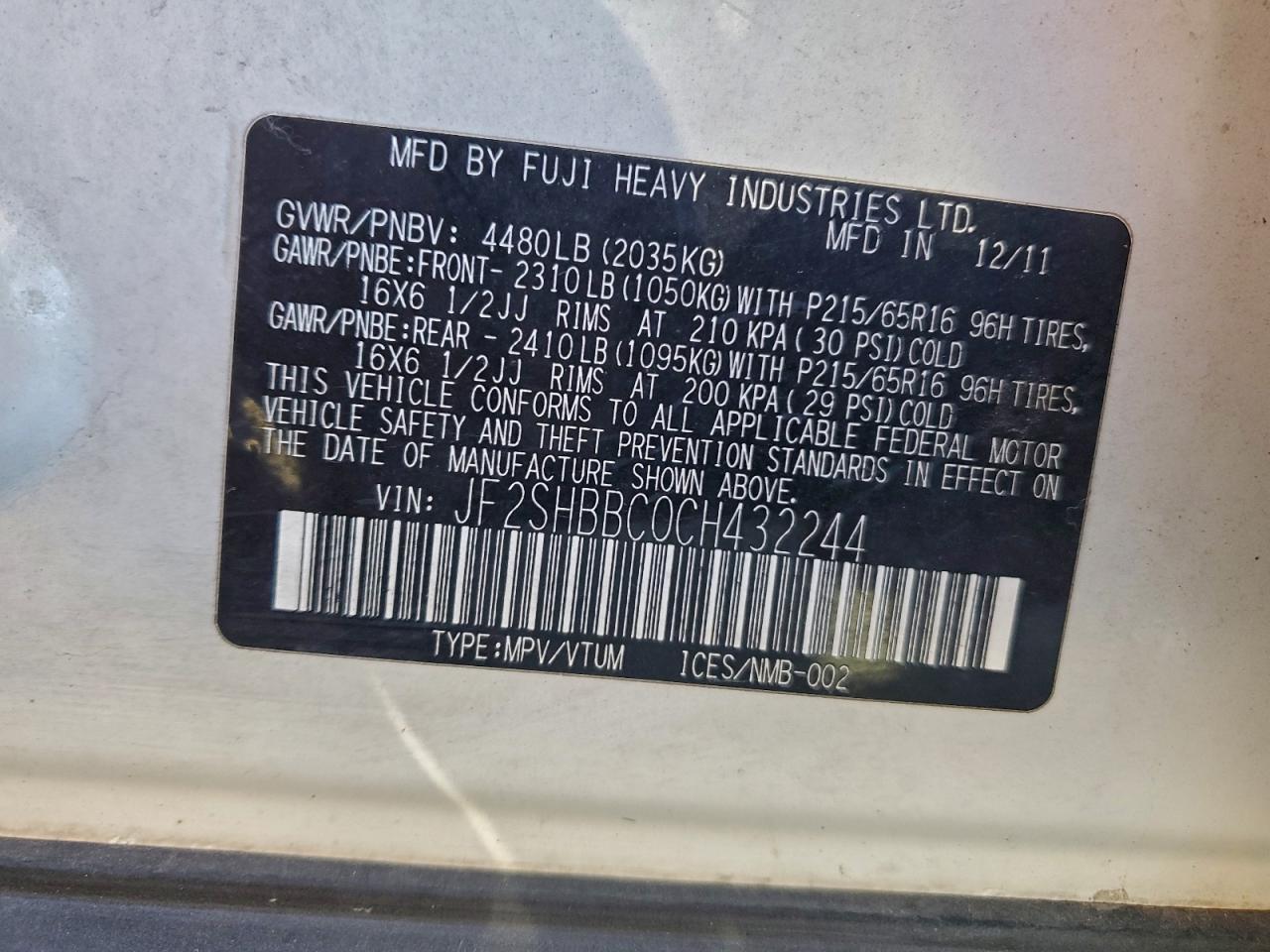 2012 Subaru Forester 2.5X VIN: JF2SHBBC0CH432244 Lot: 94544735