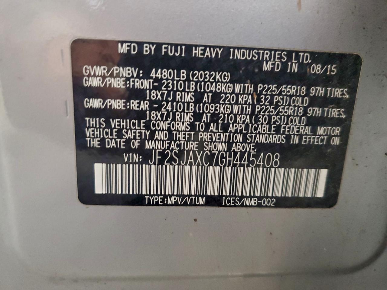 2016 Subaru Forester 2.5I Touring VIN: JF2SJAXC7GH445408 Lot: 93864225