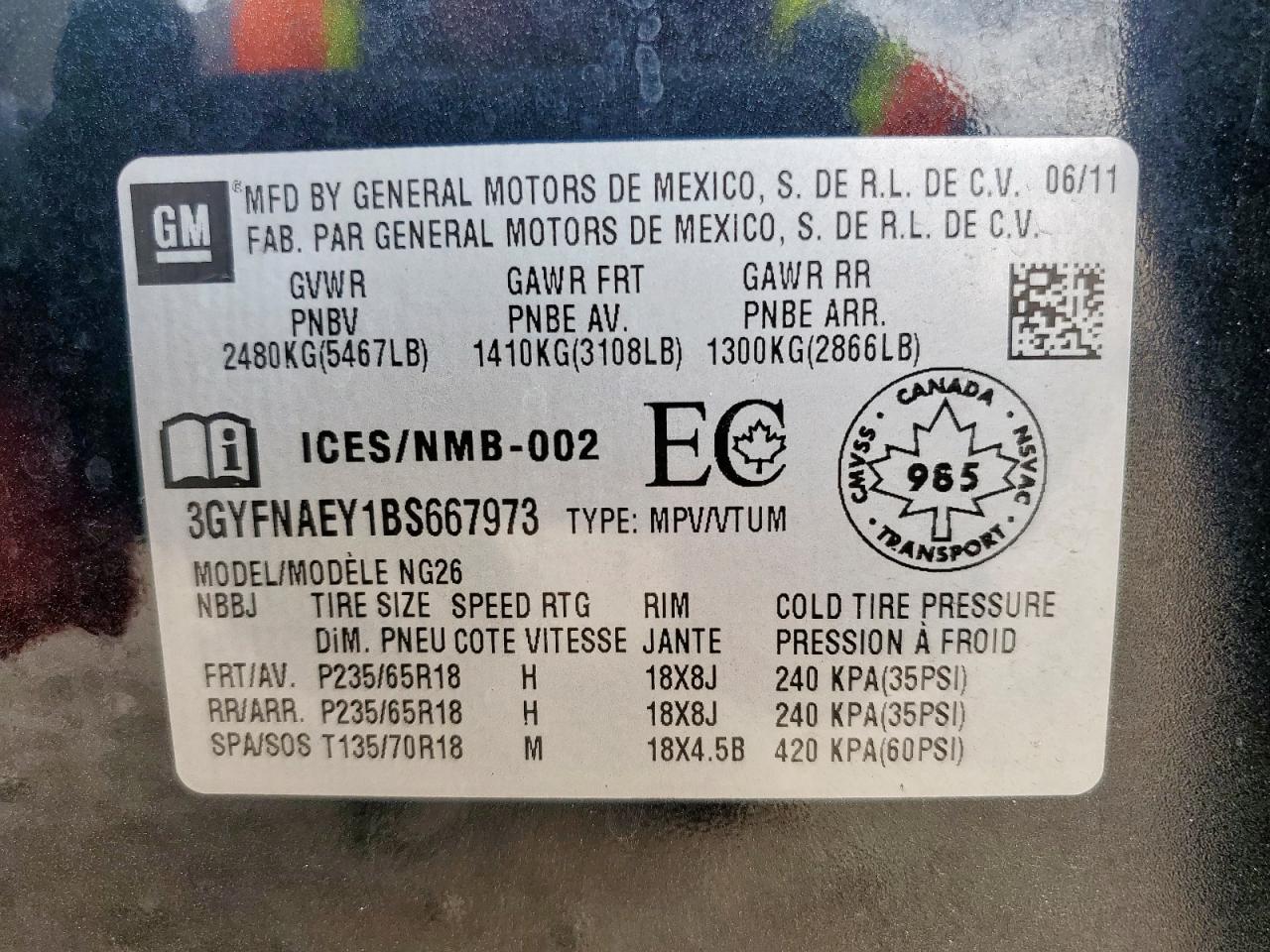 2011 Cadillac Srx Luxury Collection VIN: 3GYFNAEY1BS667973 Lot: 93335175