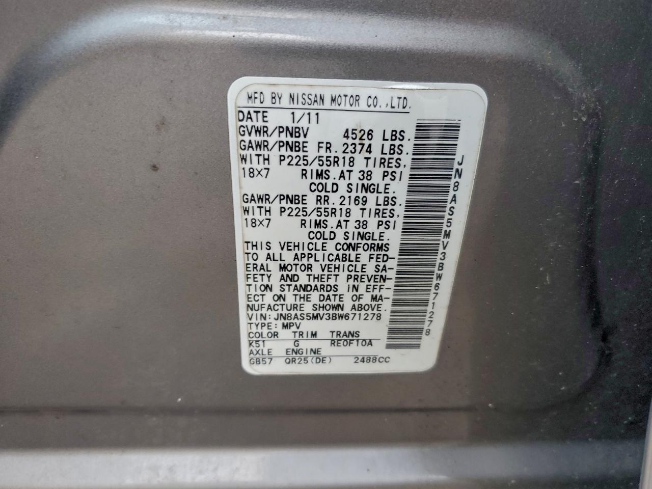 2011 Nissan Rogue S VIN: JN8AS5MV3BW671278 Lot: 93910045