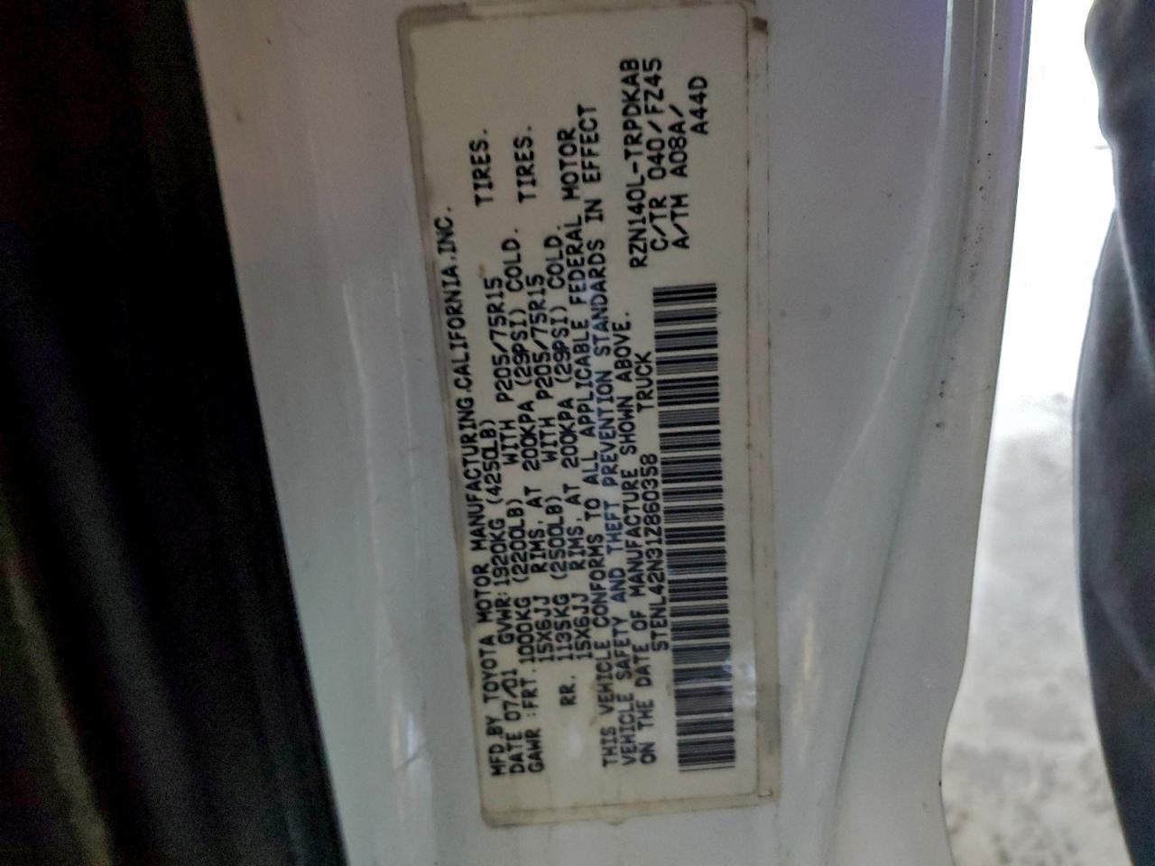 2001 Toyota Tacoma VIN: 5TENL42N31Z860358 Lot: 94124325