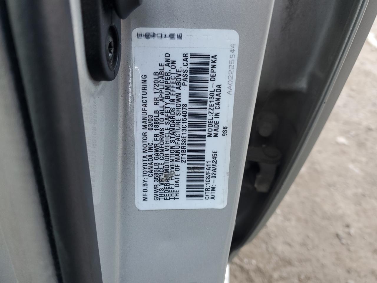 2003 Toyota Corolla Ce VIN: 2T1BR38E13C154078 Lot: 92475965