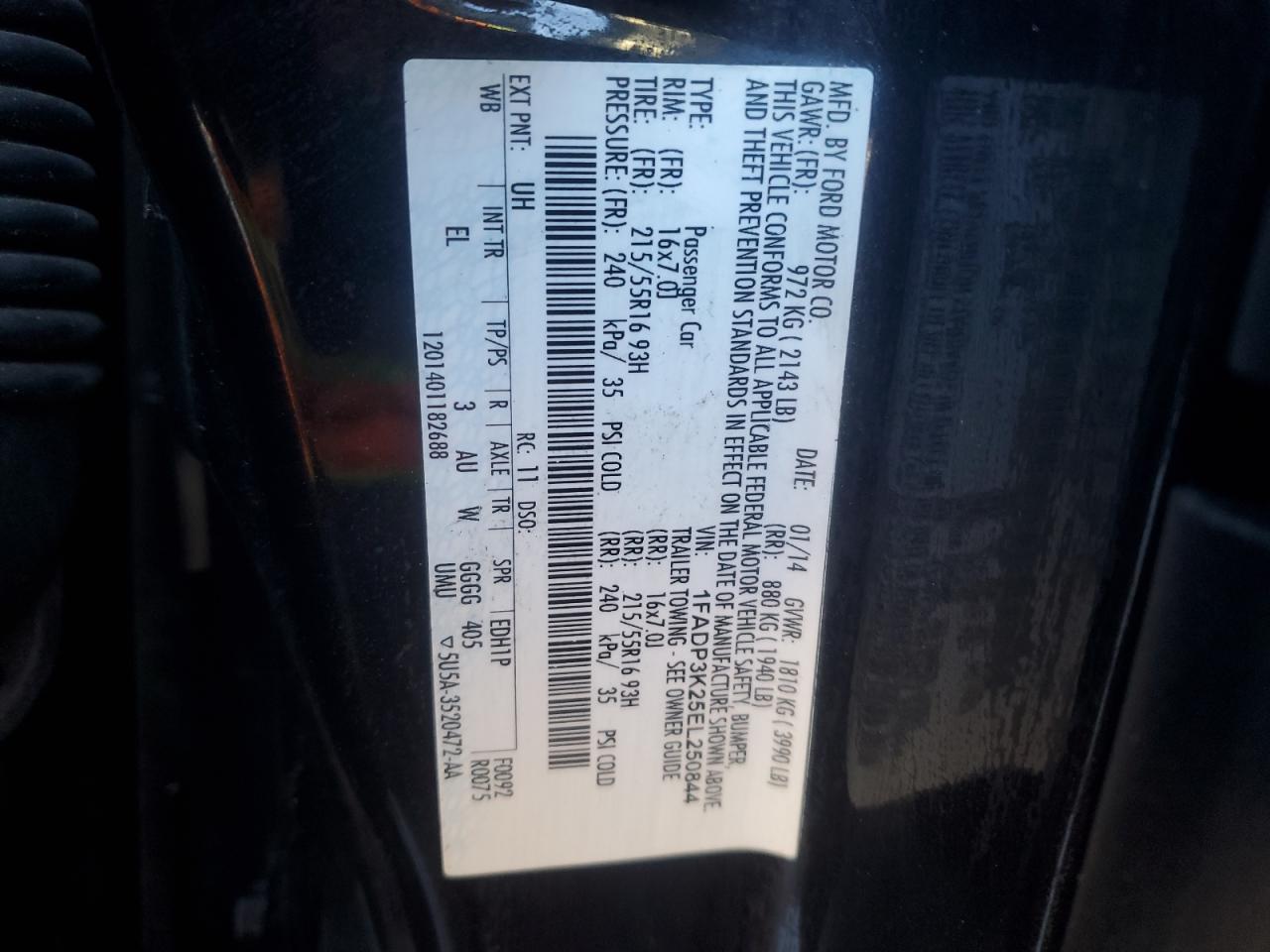 2014 Ford Focus Se VIN: 1FADP3K25EL250844 Lot: 93402335