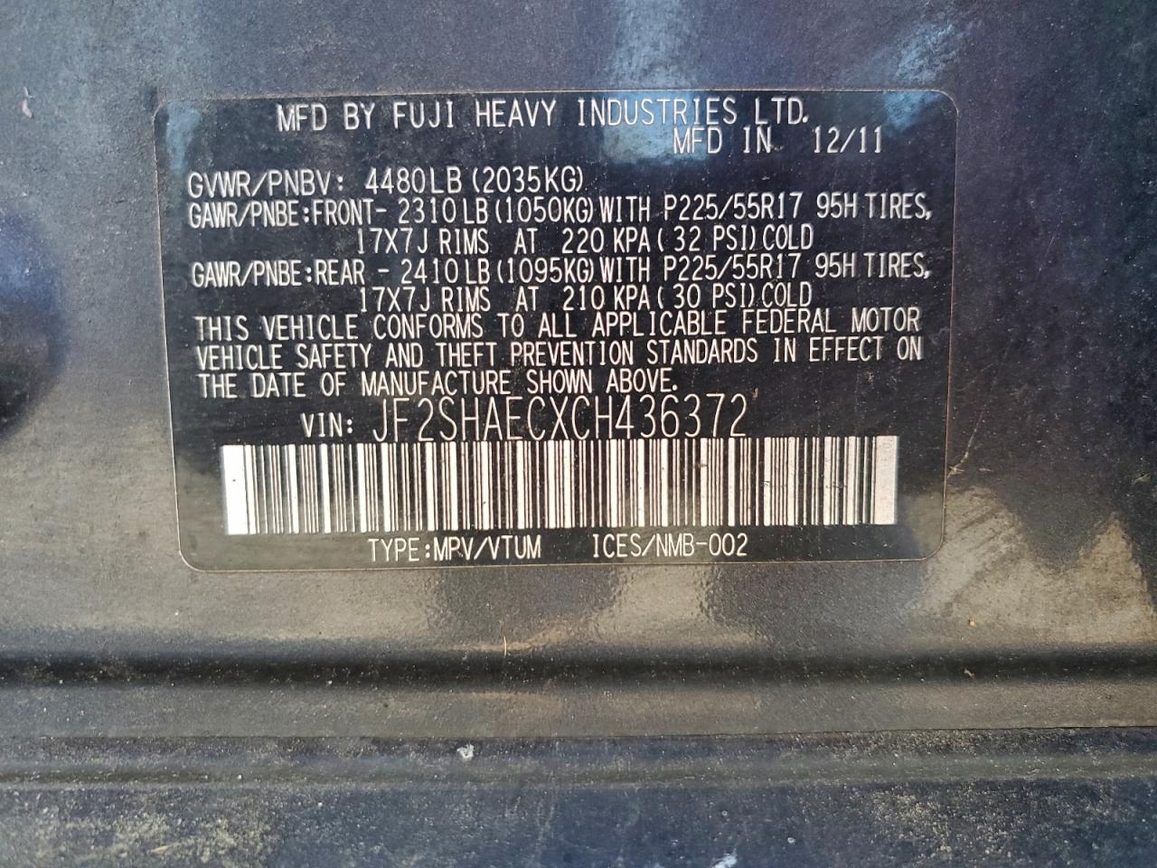 2012 Subaru Forester Limited VIN: JF2SHAECXCH436372 Lot: 94404225