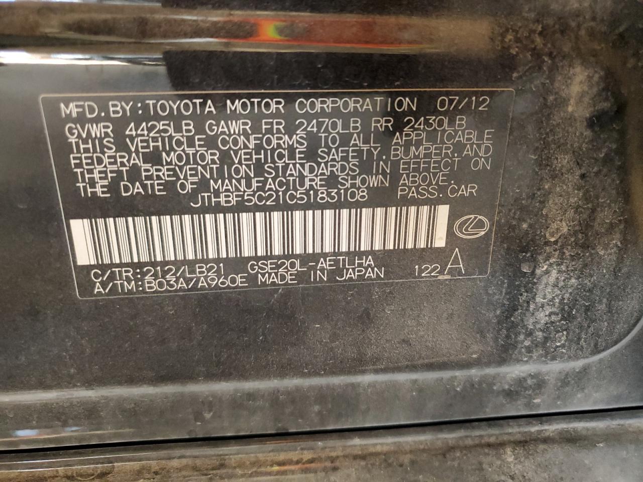 2012 Lexus Is 250 VIN: JTHBF5C21C5183108 Lot: 91939835