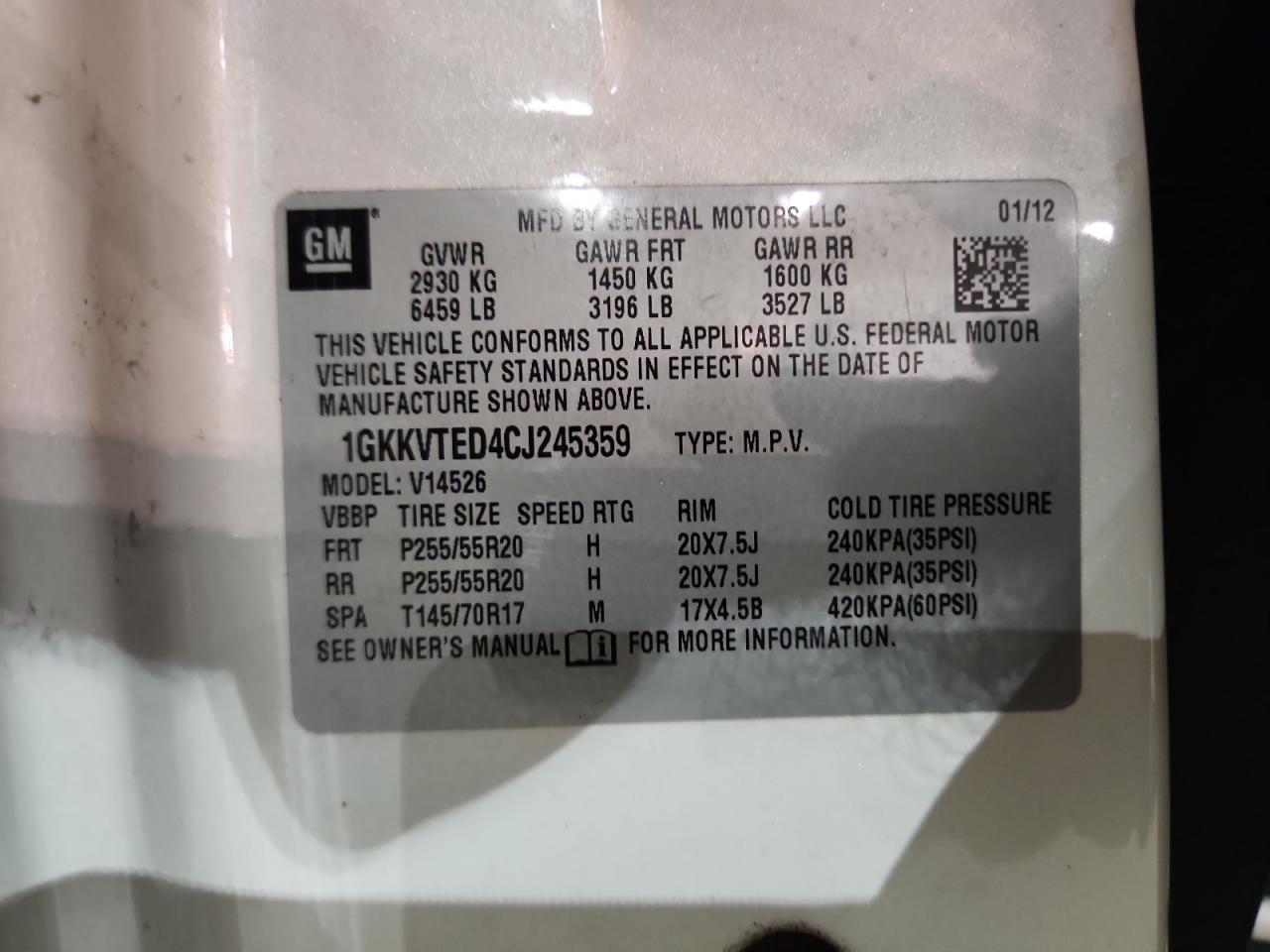 2012 GMC Acadia Denali VIN: 1GKKVTED4CJ245359 Lot: 92908025