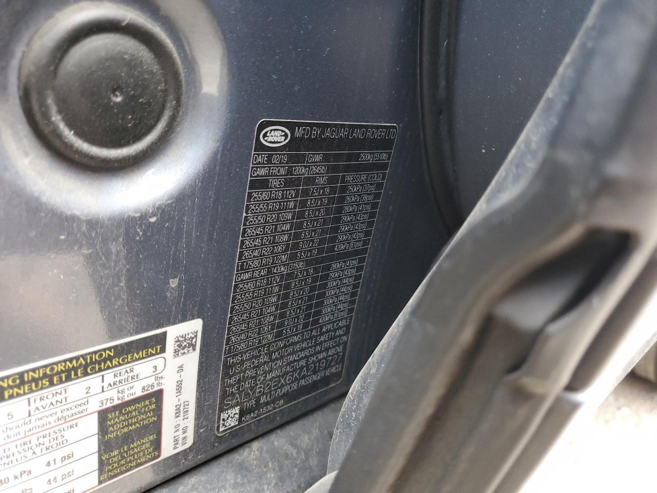 2019 Land Rover Range Rover Velar S VIN: SALYB2EX6KA219727 Lot: 92052135