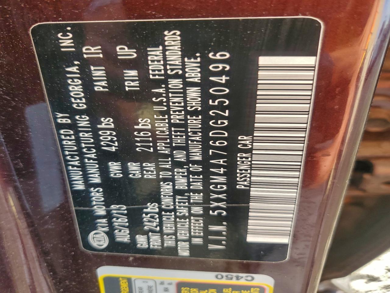 2013 Kia Optima Lx VIN: 5XXGM4A76DG250496 Lot: 91479585