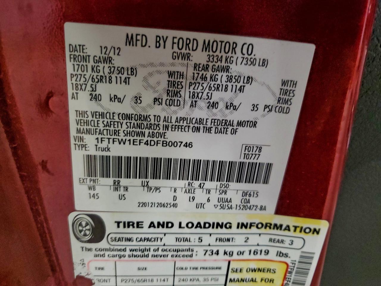 2013 Ford F150 Supercrew VIN: 1FTFW1EF4DFB00746 Lot: 93313505