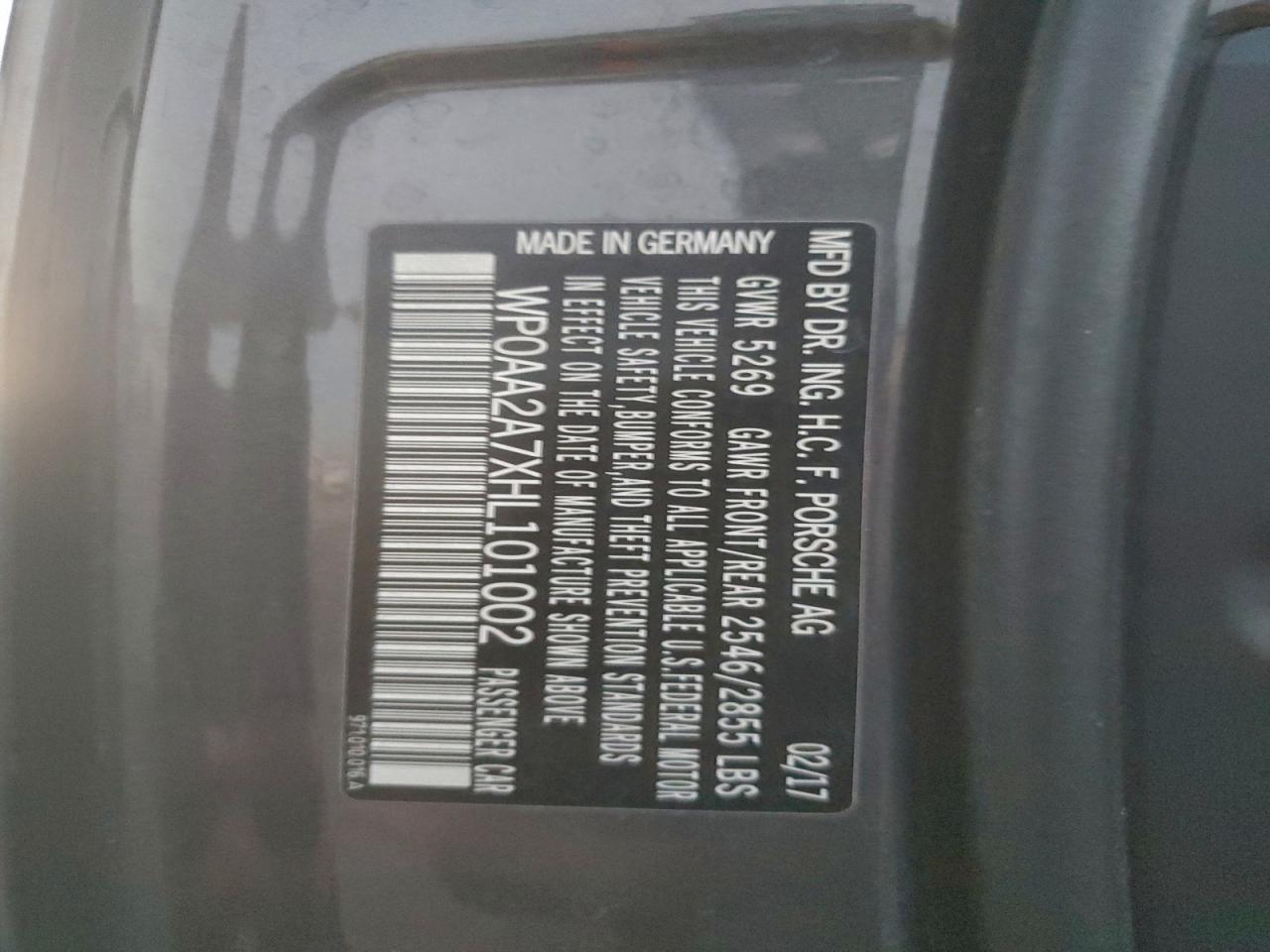 2017 Porsche Panamera 2 VIN: WP0AA2A7XHL101002 Lot: 95012725