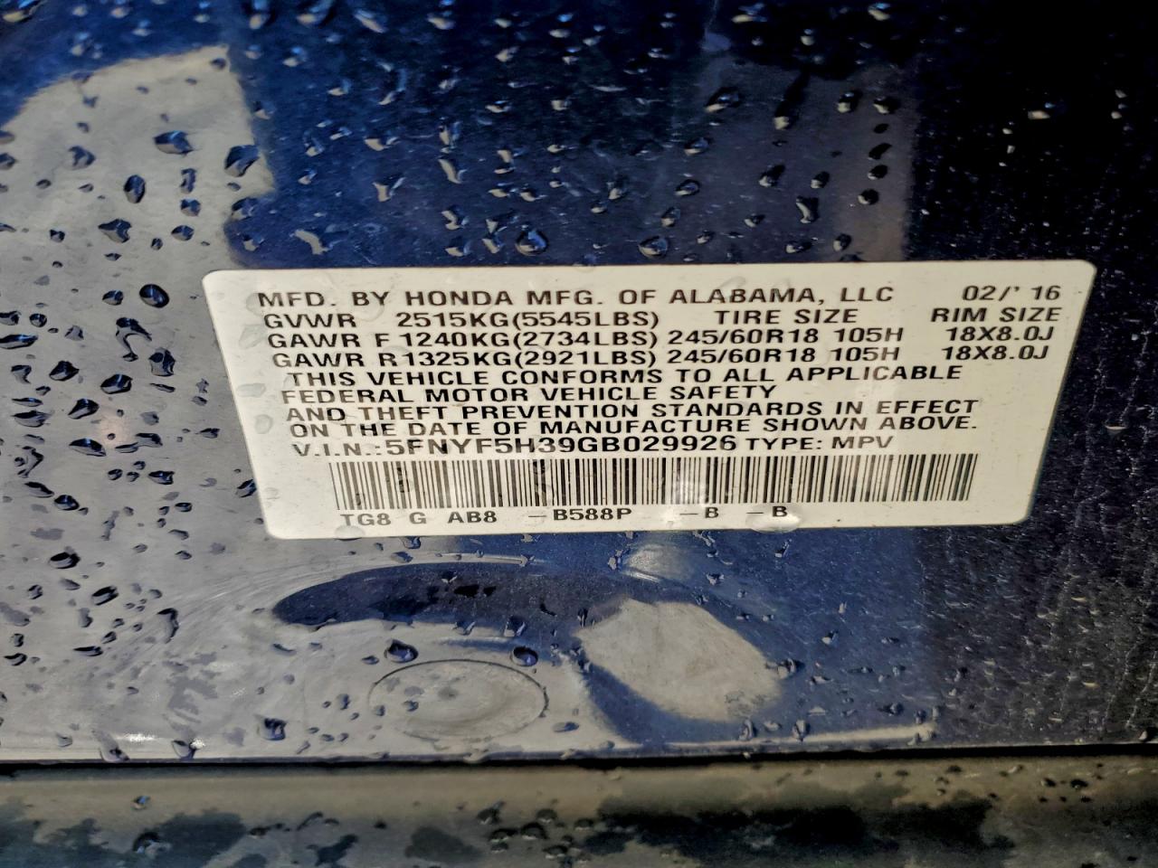 2016 Honda Pilot Ex VIN: 5FNYF5H39GB029926 Lot: 94289605