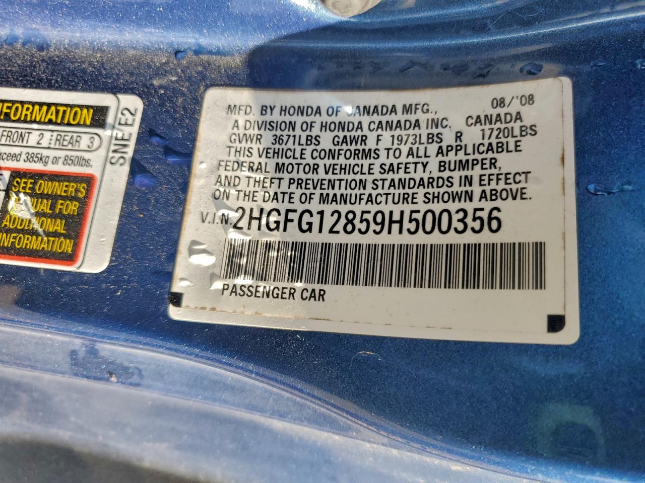 2009 Honda Civic Ex VIN: 2HGFG12859H500356 Lot: 94067885