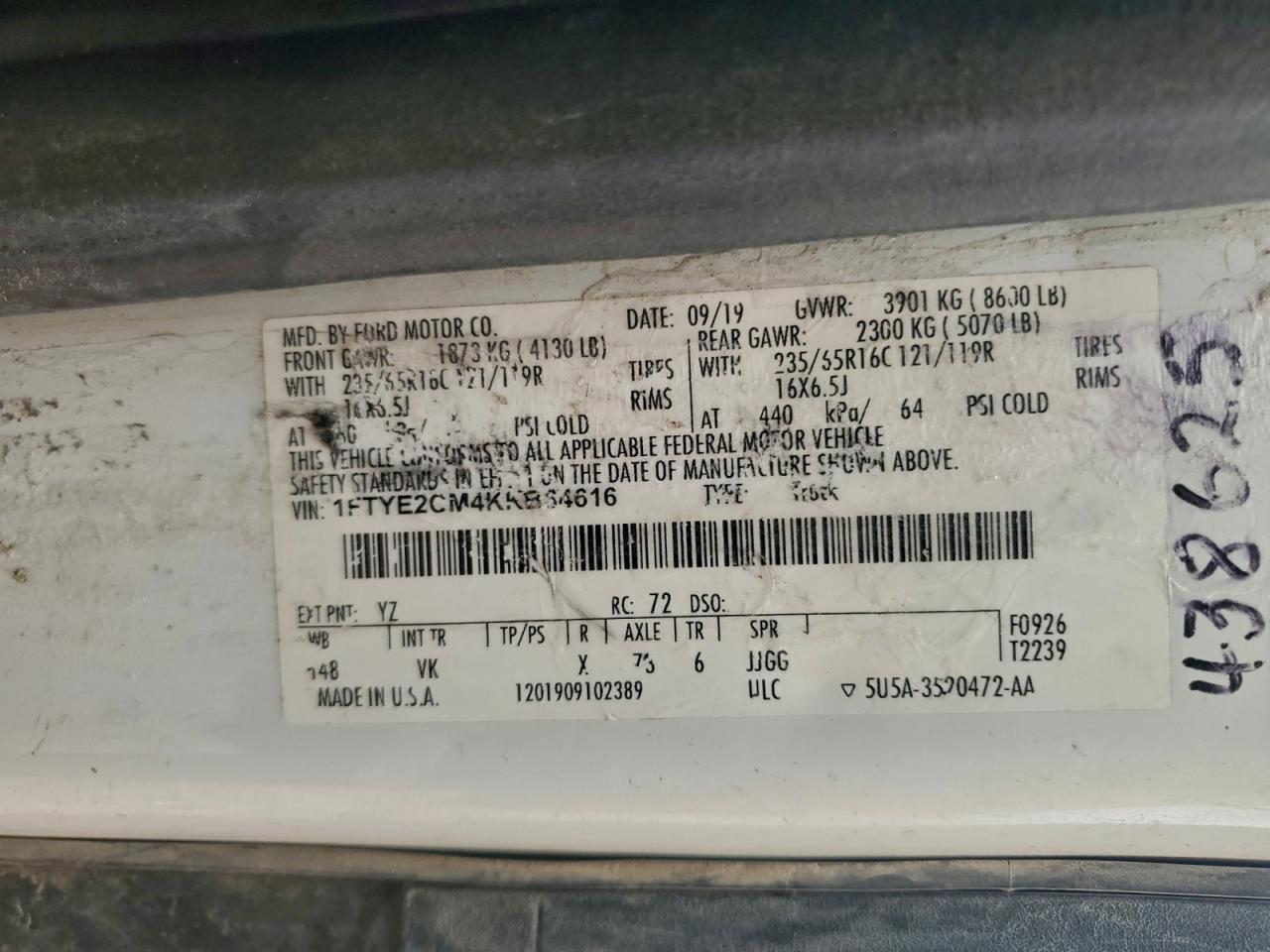 2019 Ford Transit T-150 VIN: 1FTYE2CM4KKB64616 Lot: 93892605