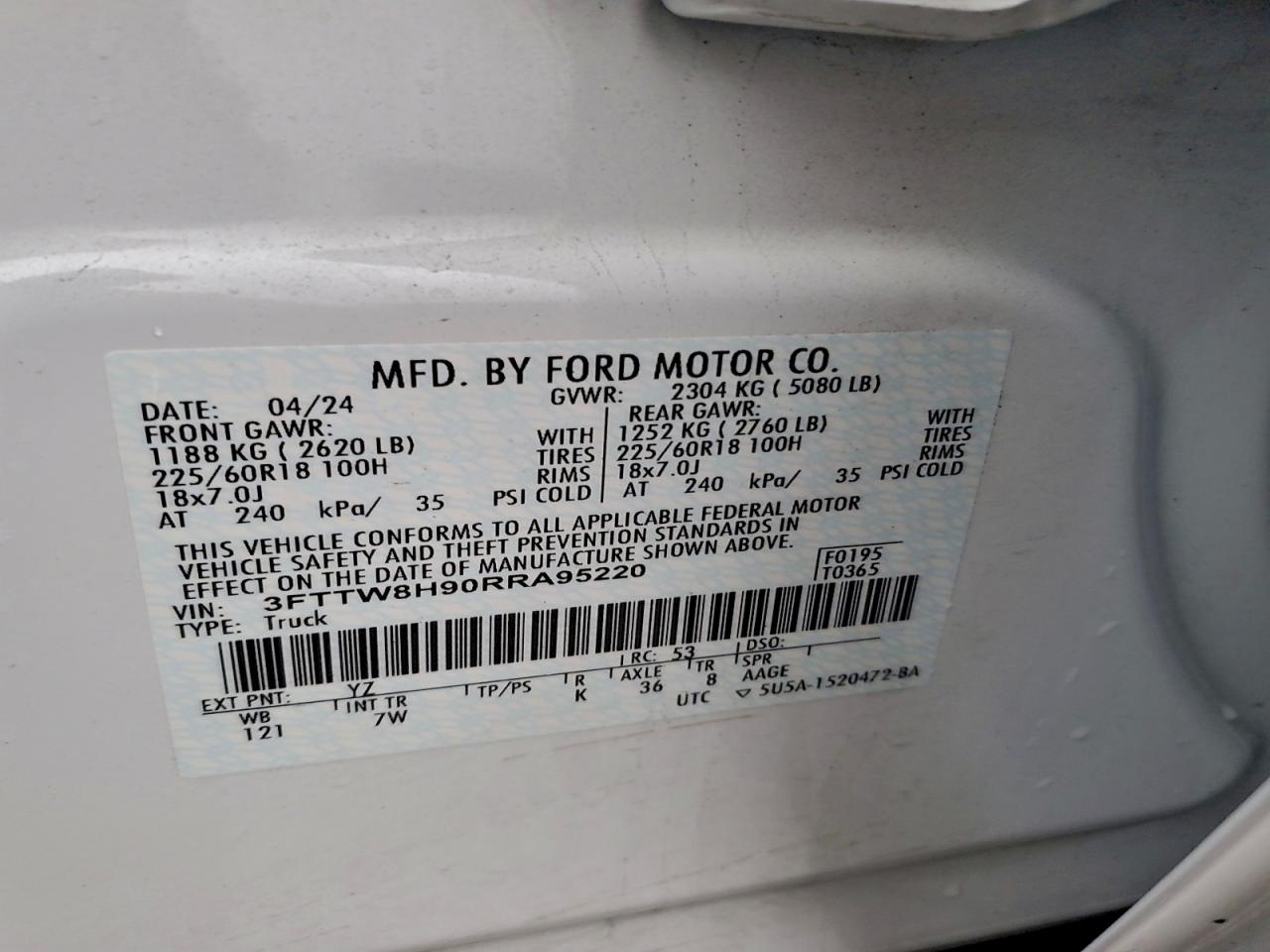 2024 Ford Maverick Xlt VIN: 3FTTW8H90RRA95220 Lot: 93192685