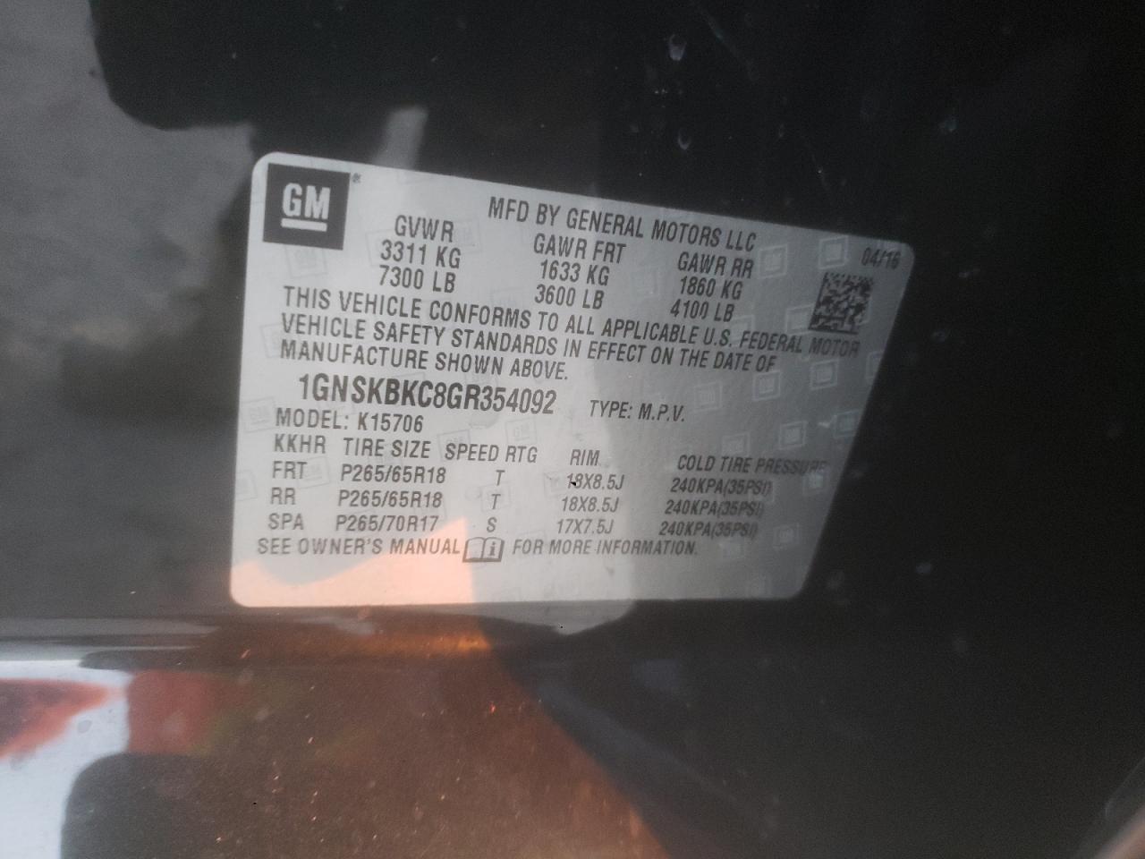 2016 Chevrolet Tahoe K1500 Lt VIN: 1GNSKBKC8GR354092 Lot: 92321495