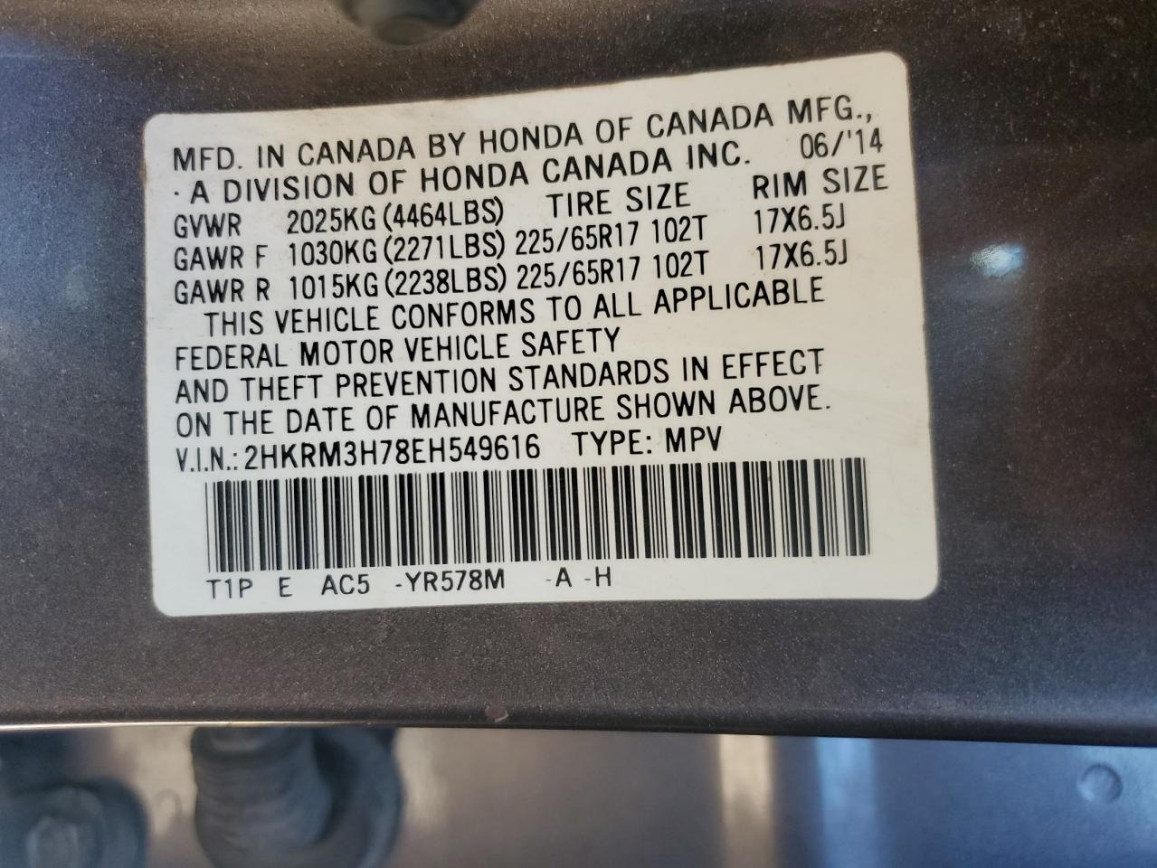 2014 Honda Cr-V Exl VIN: 2HKRM3H78EH549616 Lot: 91131985