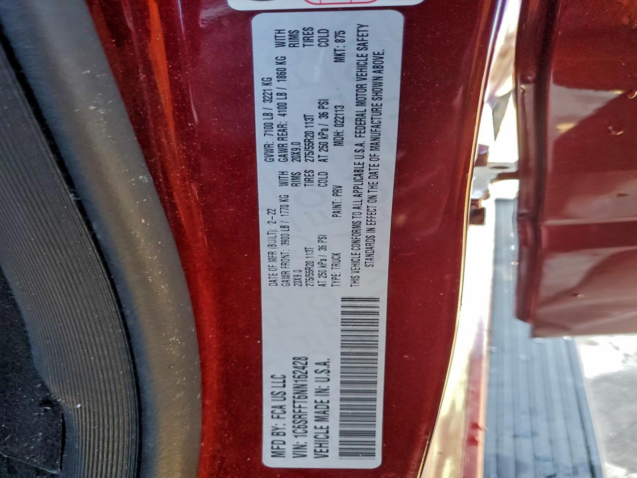 2022 Ram 1500 Big Horn/Lone Star VIN: 1C6SRFFT6NN162428 Lot: 94229135