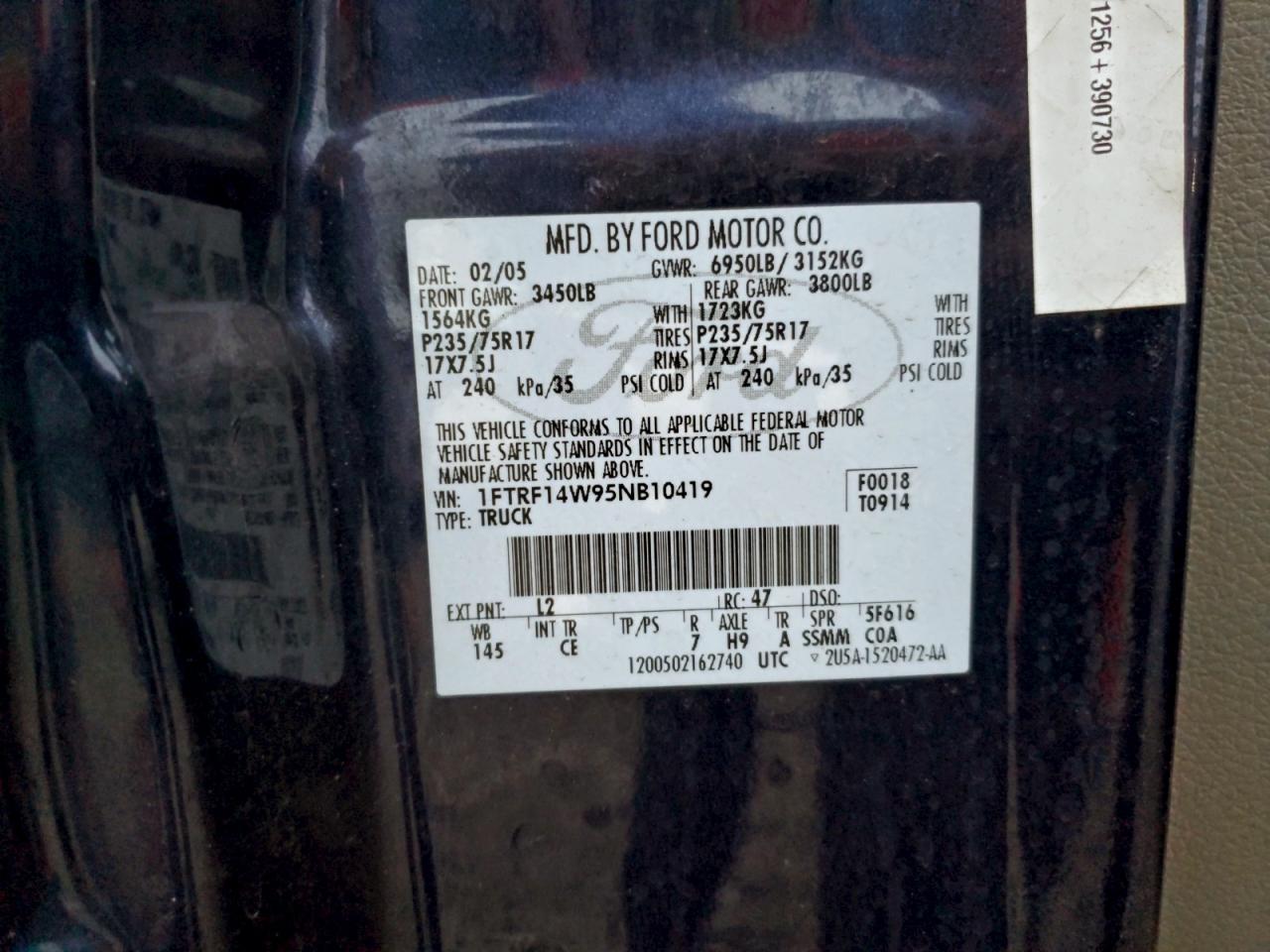 2005 Ford F150 VIN: 1FTRF14W95NB10419 Lot: 94046375