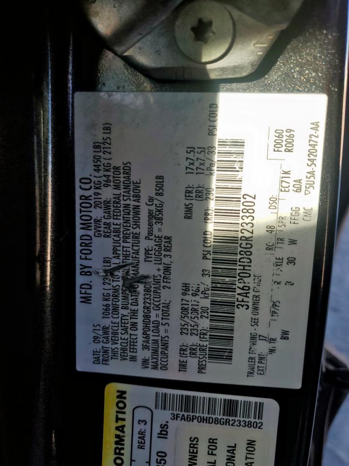 2016 Ford Fusion Se VIN: 3FA6P0HD8GR233802 Lot: 91697735