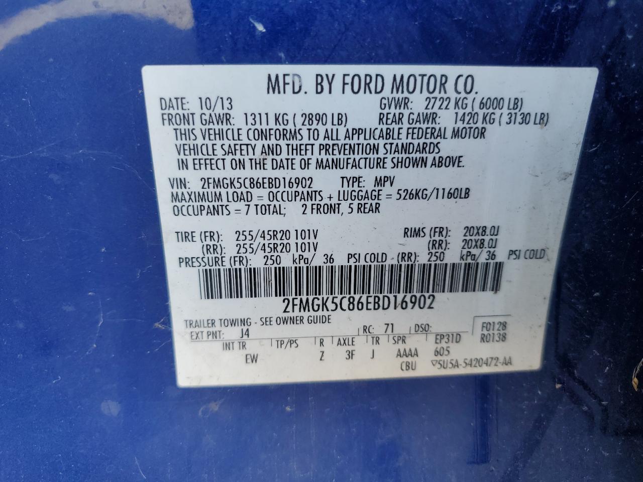 2014 Ford Flex Sel VIN: 2FMGK5C86EBD16902 Lot: 92042105