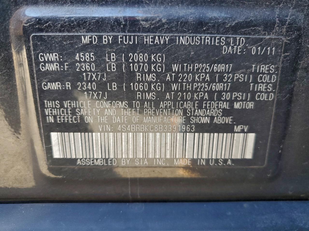 2011 Subaru Outback 2.5I Limited VIN: 4S4BRBKC8B3391963 Lot: 93855385