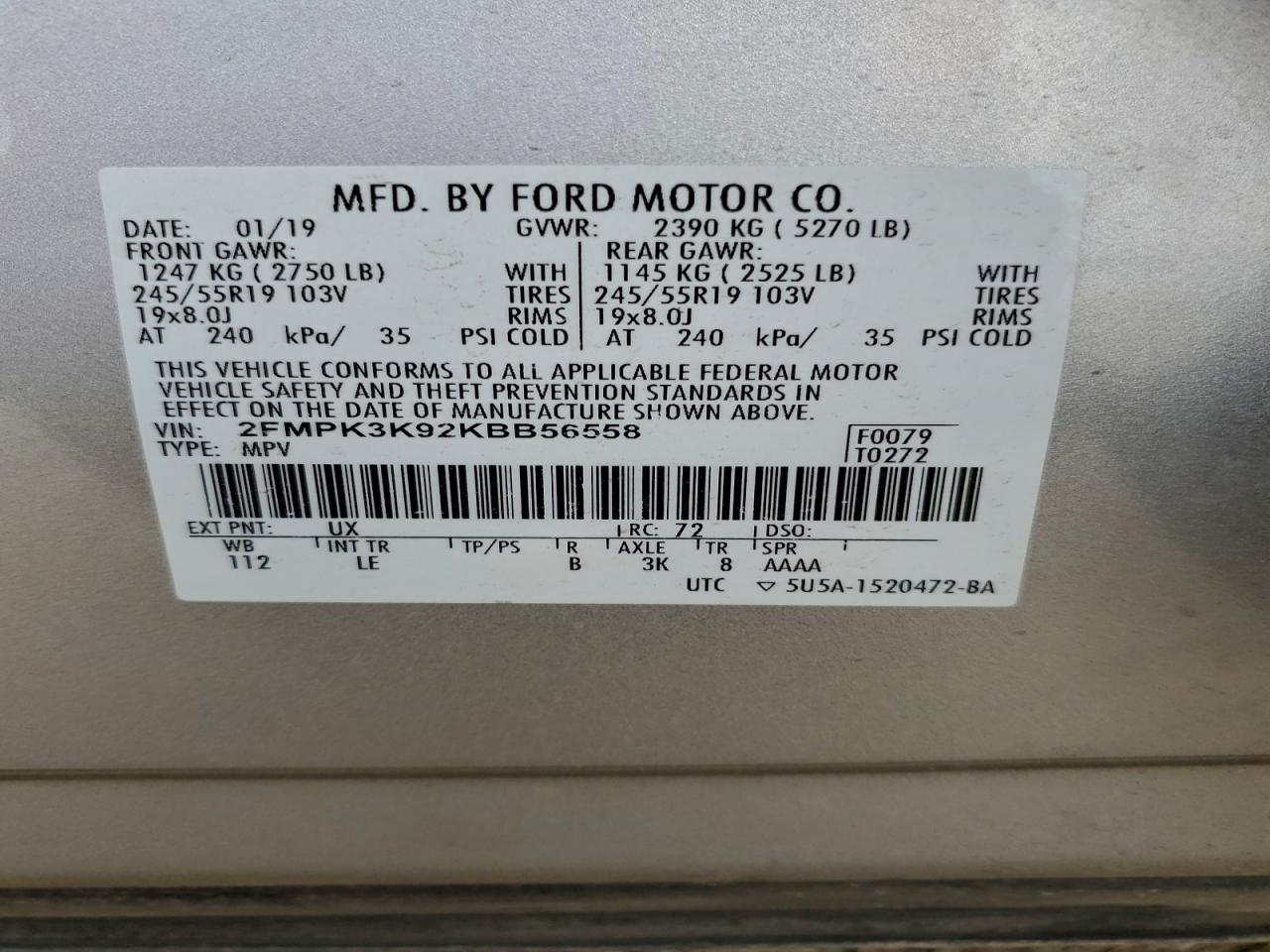 2019 Ford Edge Titanium VIN: 2FMPK3K92KBB56558 Lot: 93620855