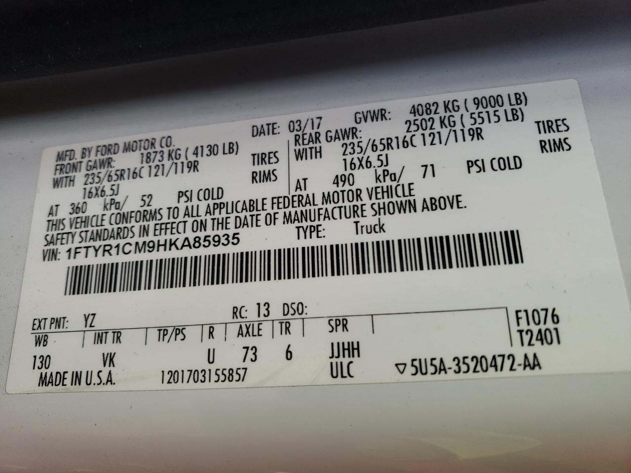 2017 Ford Transit T-250 VIN: 1FTYR1CM9HKA85935 Lot: 92688225