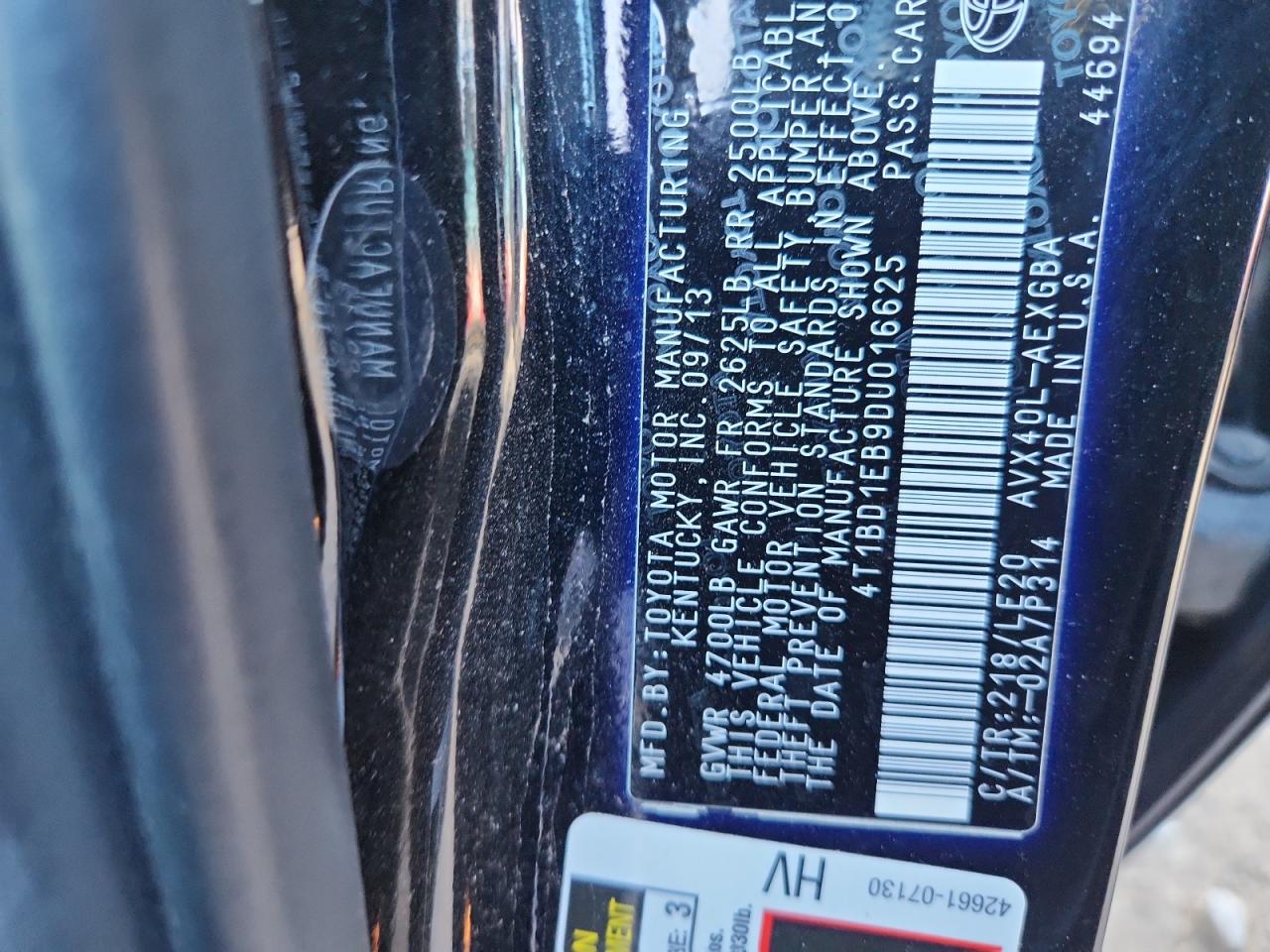 2013 Toyota Avalon Hybrid VIN: 4T1BD1EB9DU016625 Lot: 91275005