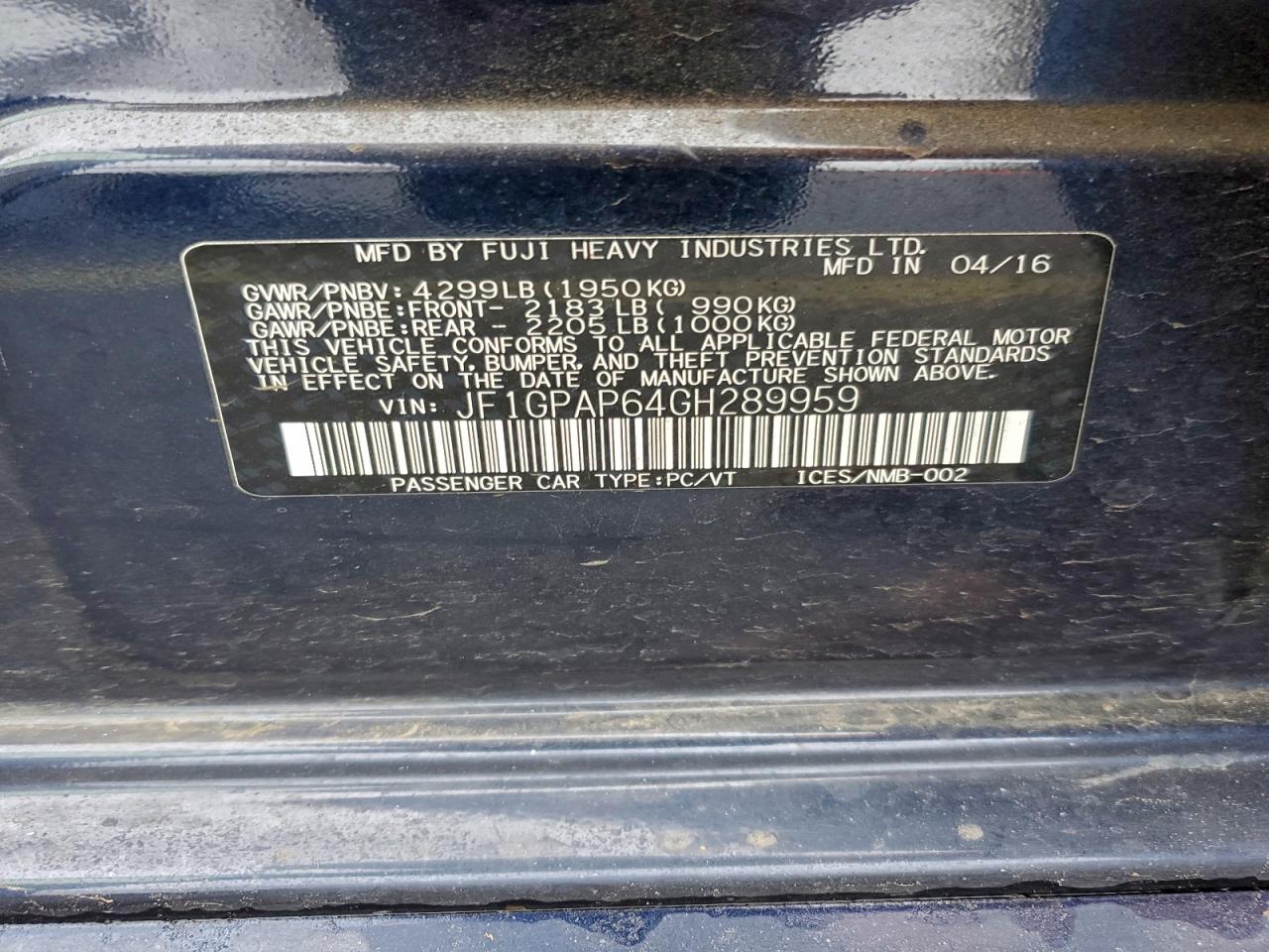 2016 Subaru Impreza Sport Premium VIN: JF1GPAP64GH289959 Lot: 93906765