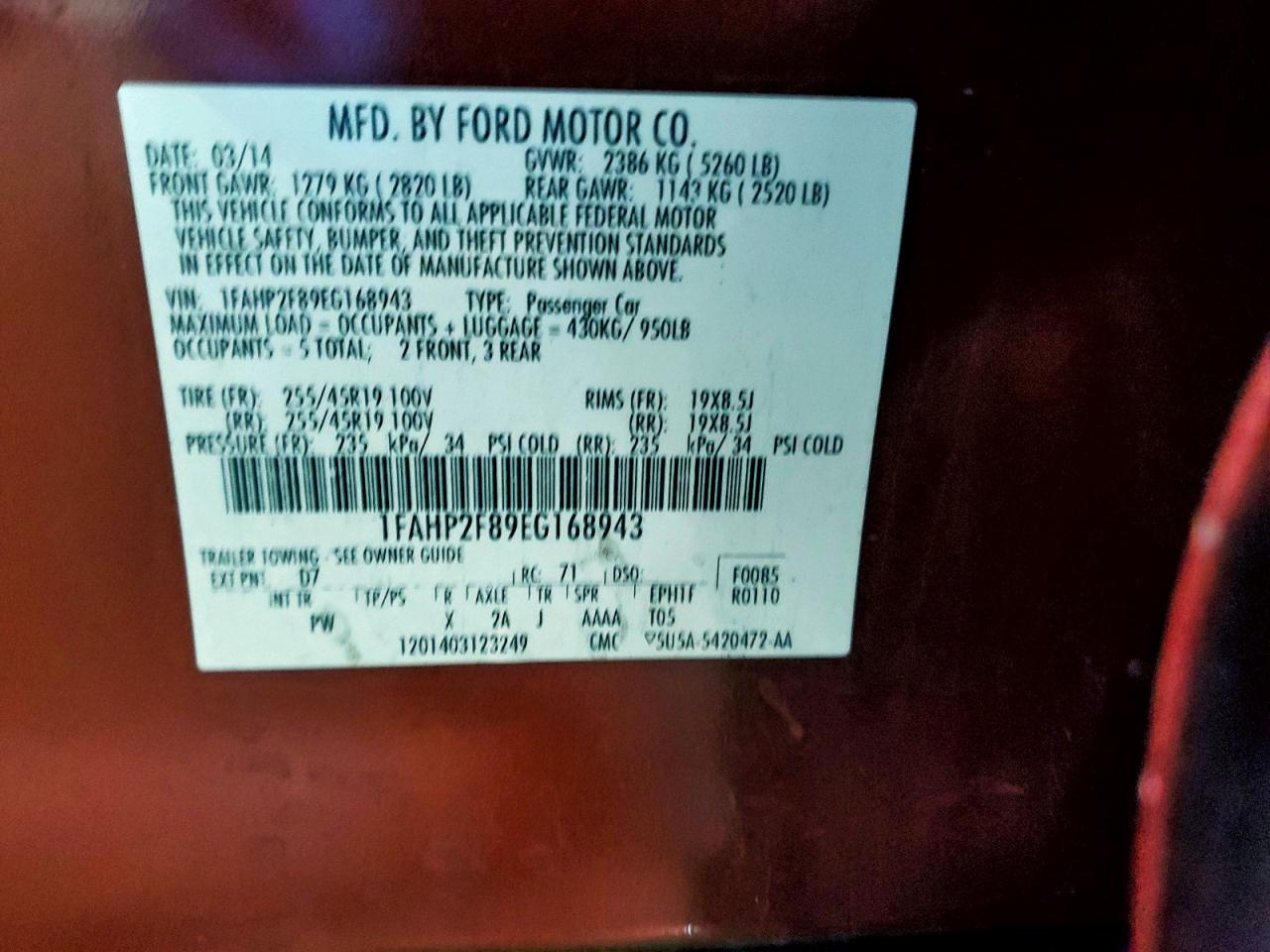 2014 Ford Taurus Limited VIN: 1FAHP2F89EG168943 Lot: 93636525