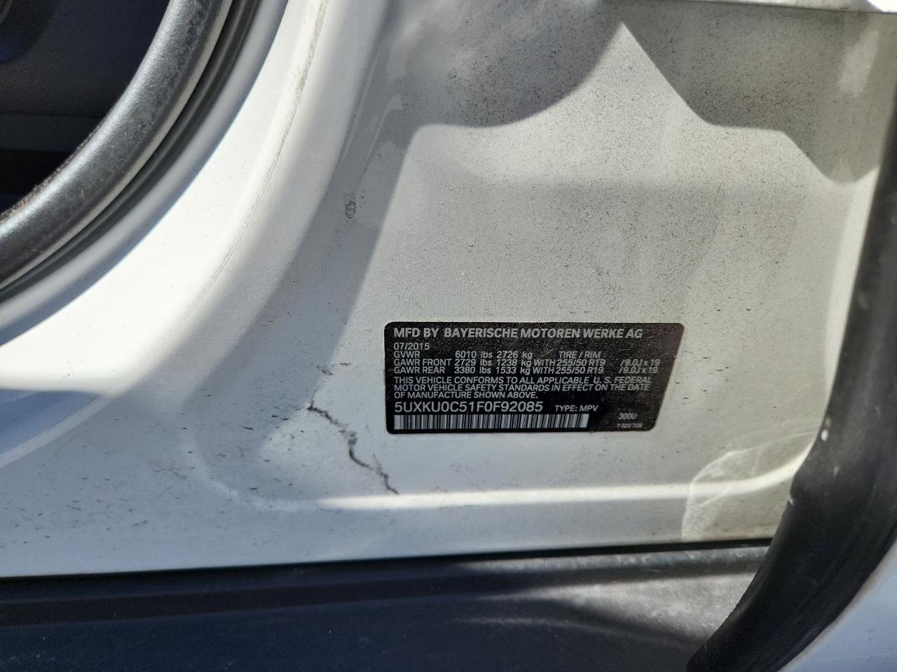 2015 BMW X6 Sdrive35I VIN: 5UXKU0C51F0F92085 Lot: 91081745