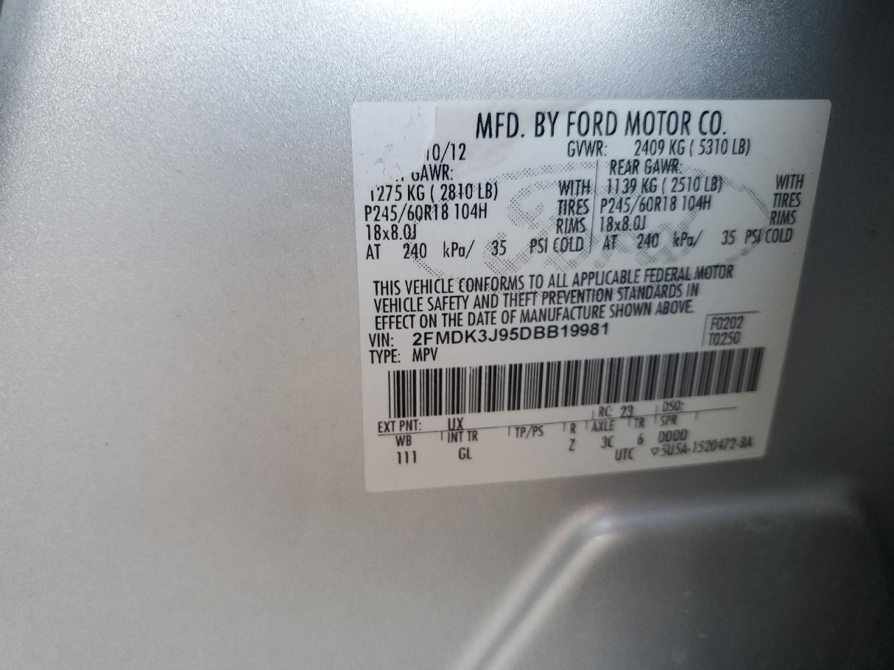 2013 Ford Edge Sel VIN: 2FMDK3J95DBB19981 Lot: 91254135