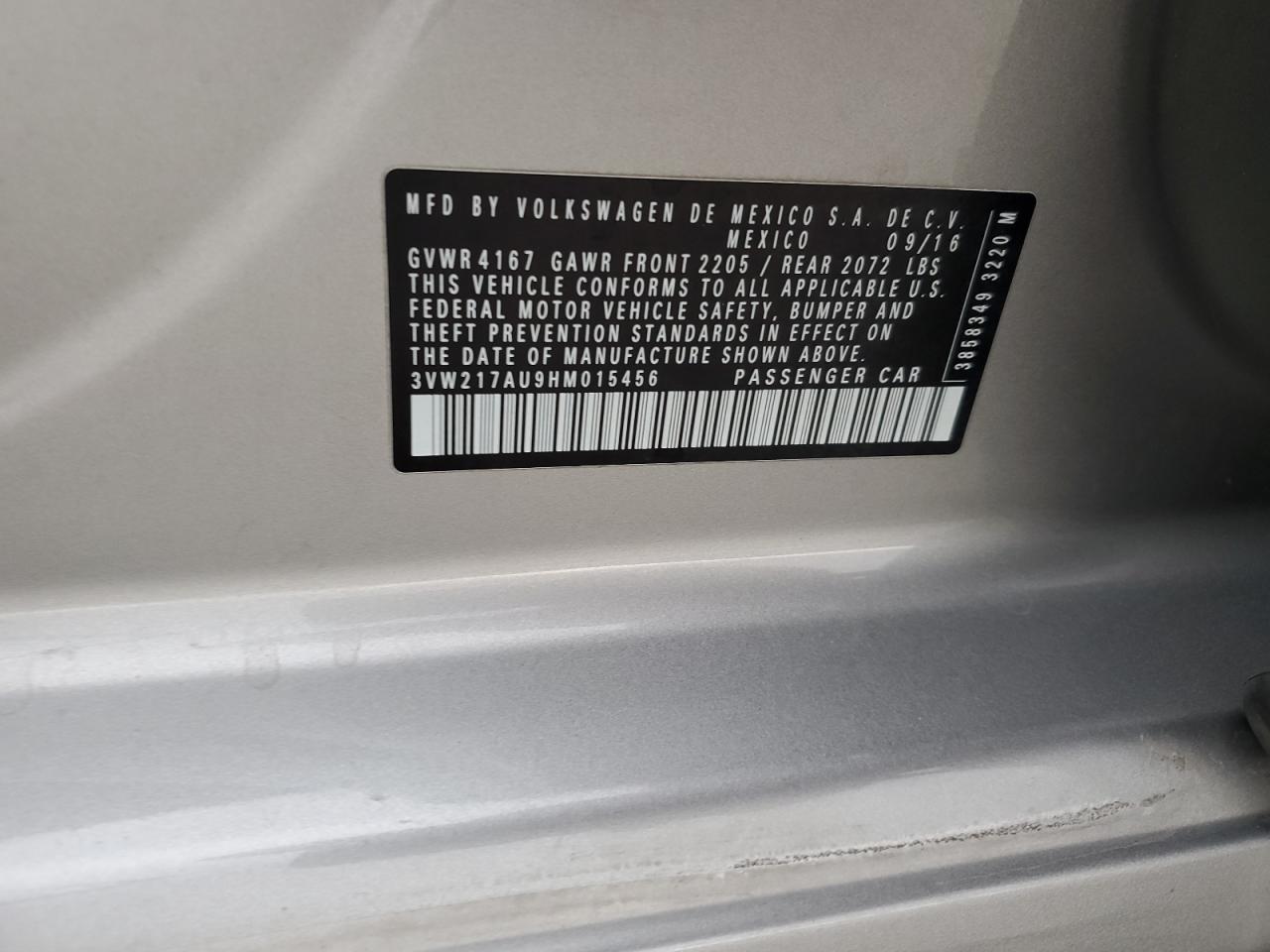2017 Volkswagen Golf S VIN: 3VW217AU9HM015456 Lot: 92319735