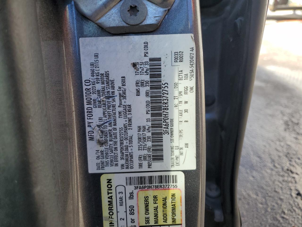 2014 Ford Fusion Se VIN: 3FA6P0H78ER372755 Lot: 92183875