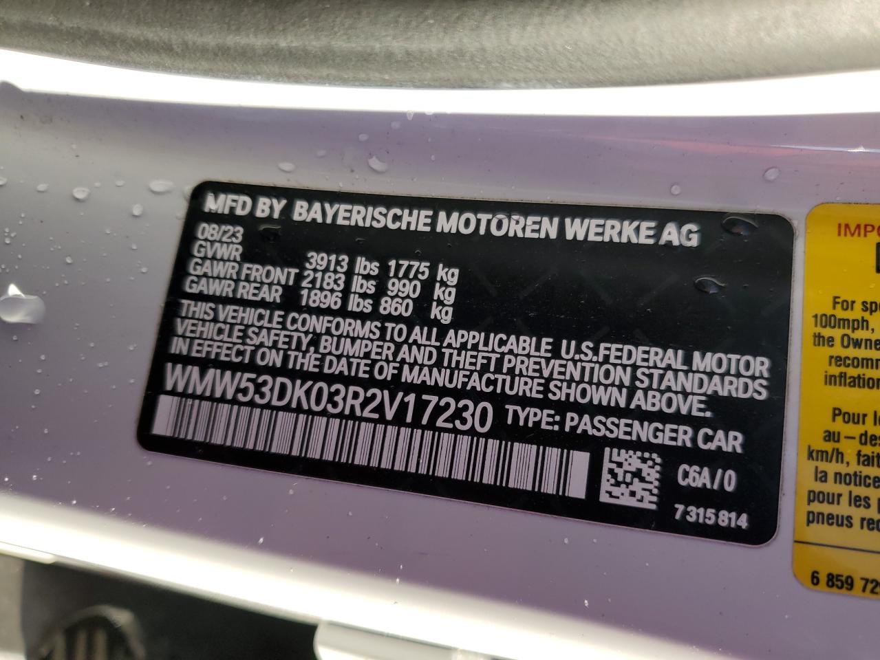 2024 Mini Cooper S VIN: WMW53DK03R2V17230 Lot: 91785135