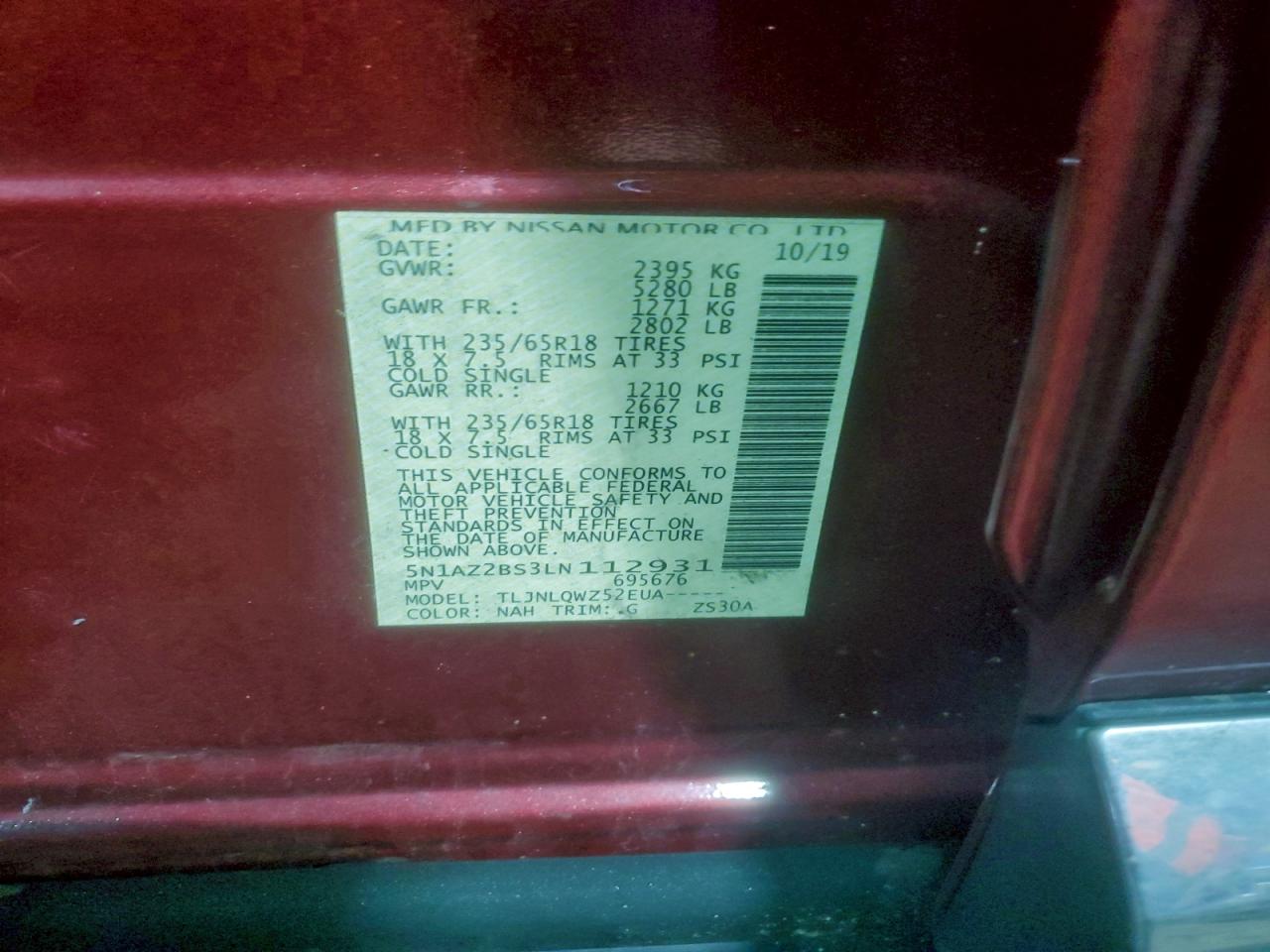 2020 Nissan Murano Sv VIN: 5N1AZ2BS3LN112931 Lot: 94052535