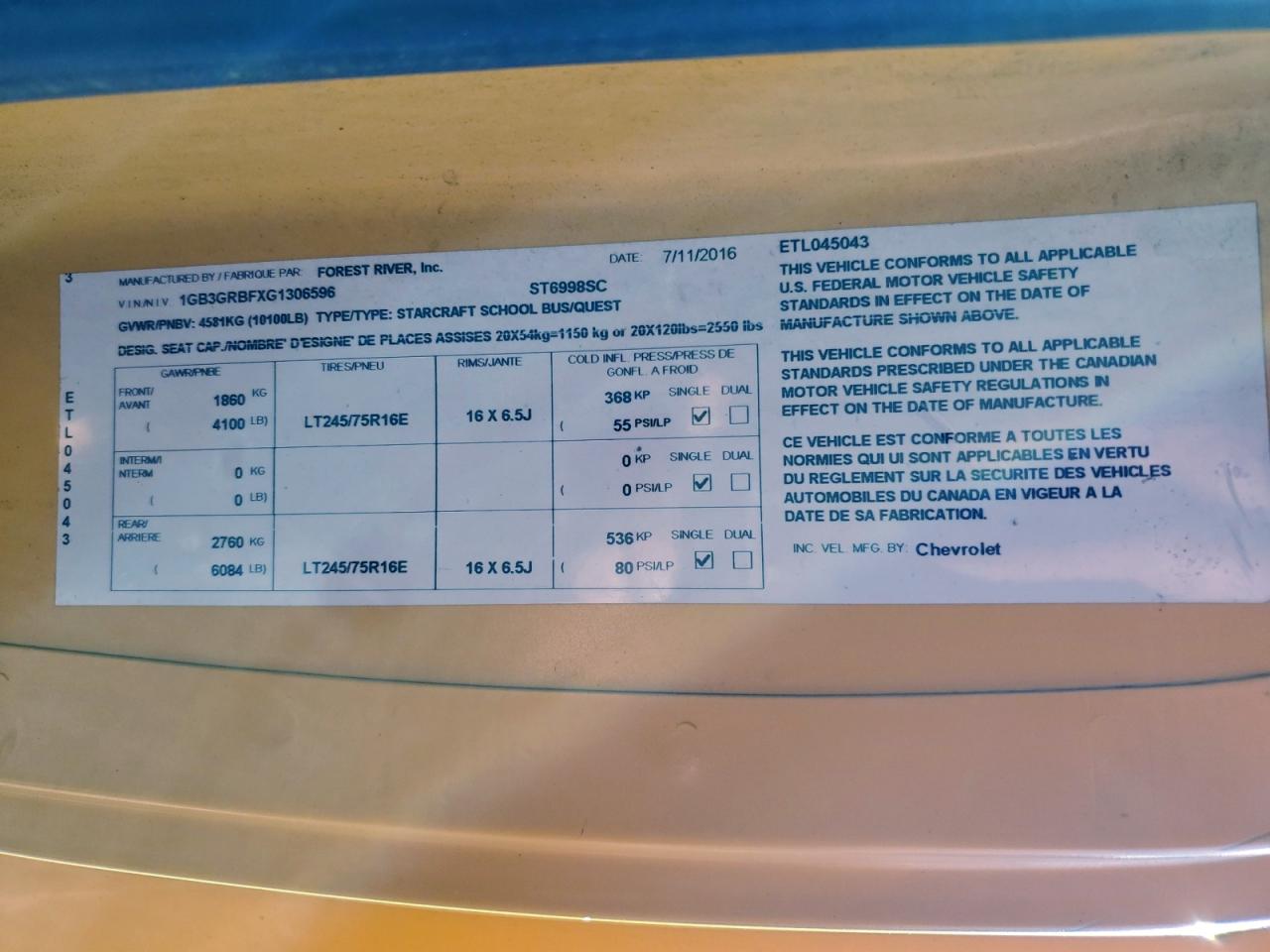 2016 Chevrolet Express G3 - School Bus VIN: 1GB3GRBFXG1306596 Lot: 93782205