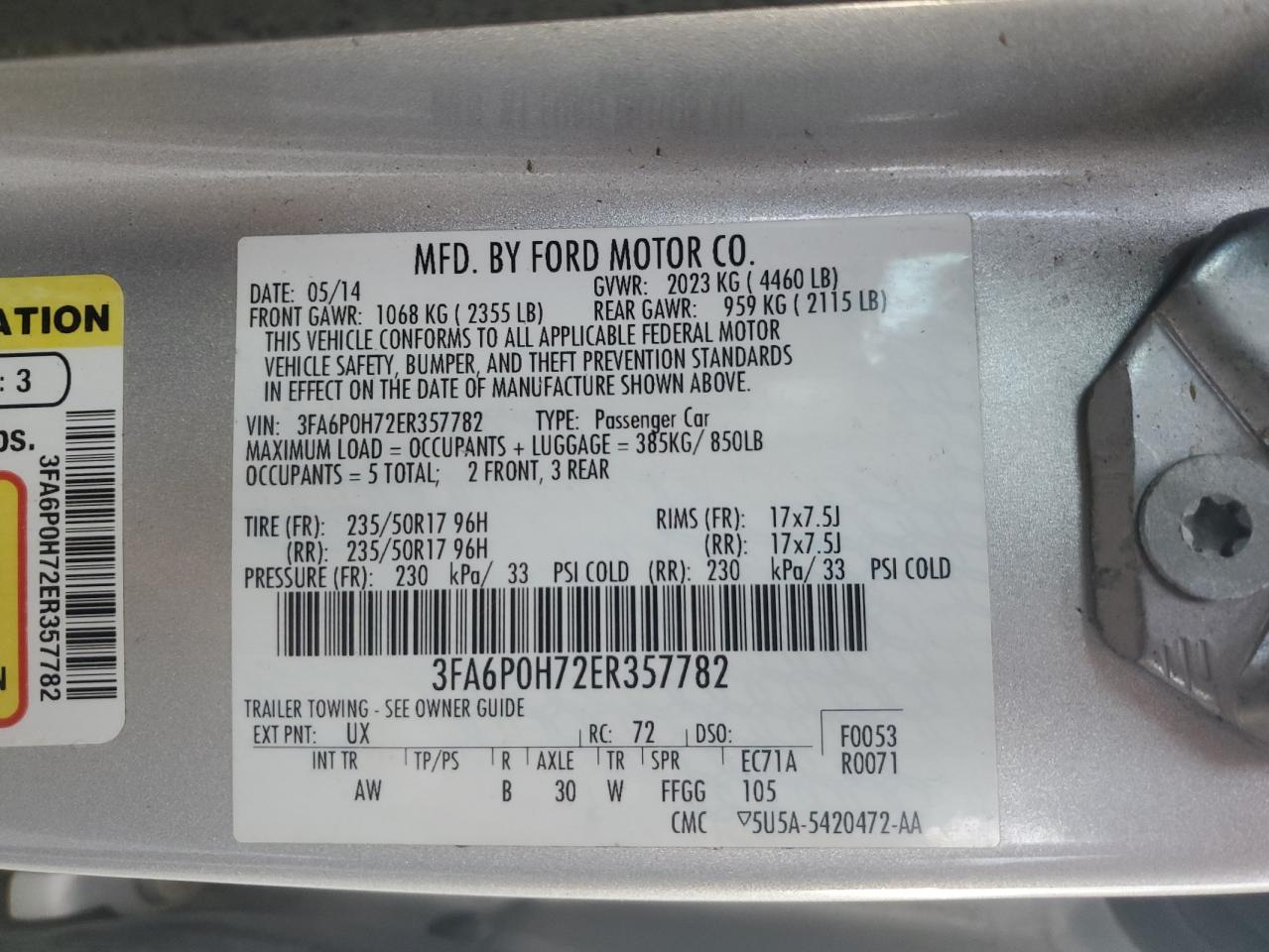 2014 Ford Fusion Se VIN: 3FA6P0H72ER357782 Lot: 93338685