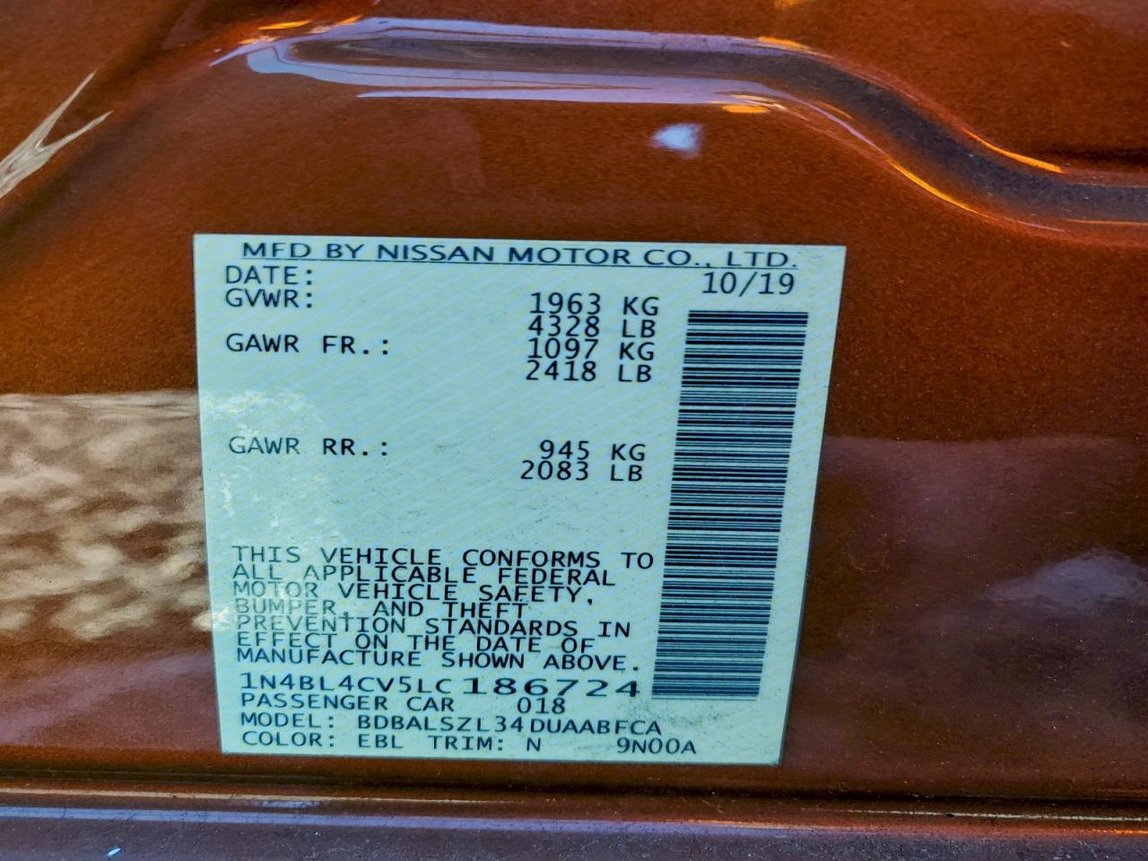 2020 Nissan Altima Sr VIN: 1N4BL4CV5LC186724 Lot: 94690385