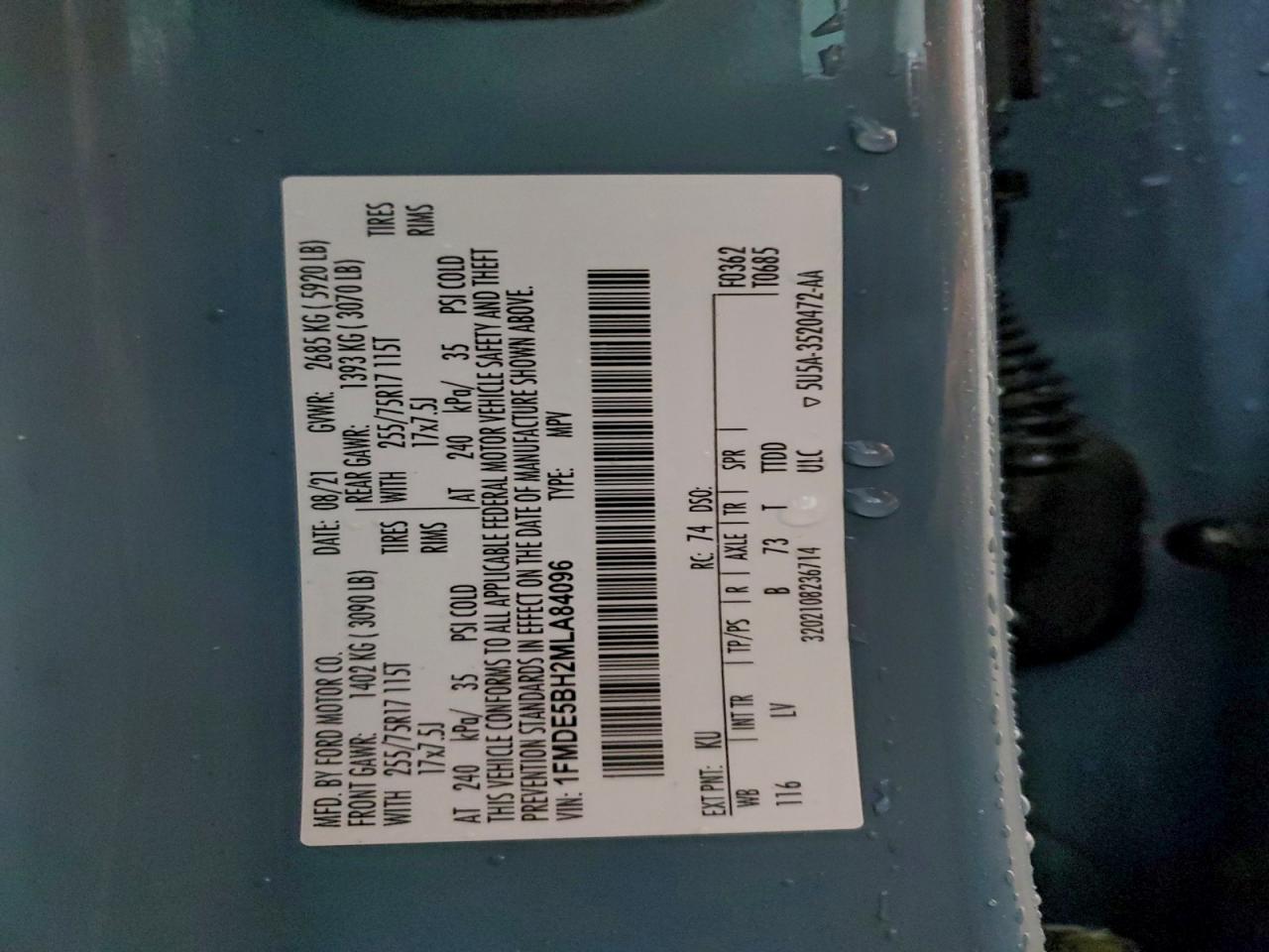 2021 Ford Bronco Base VIN: 1FMDE5BH2MLA84096 Lot: 93974965