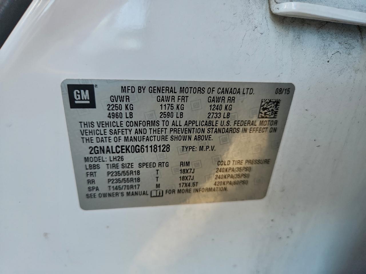 2016 Chevrolet Equinox Lt VIN: 2GNALCEK0G6118128 Lot: 94770815