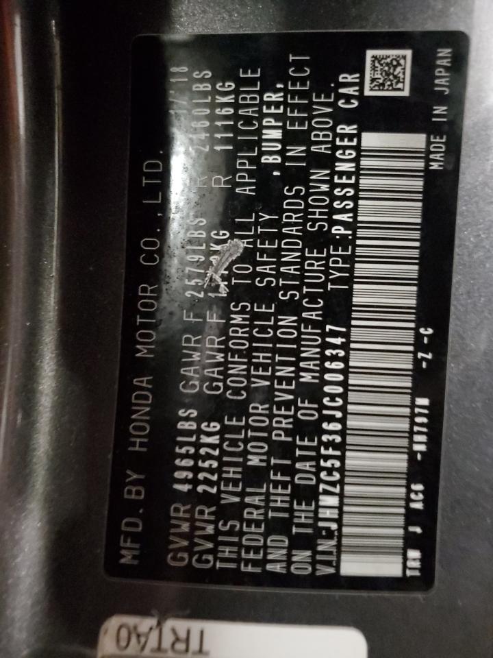 2018 Honda Clarity Touring VIN: JHMZC5F36JC006347 Lot: 92130405