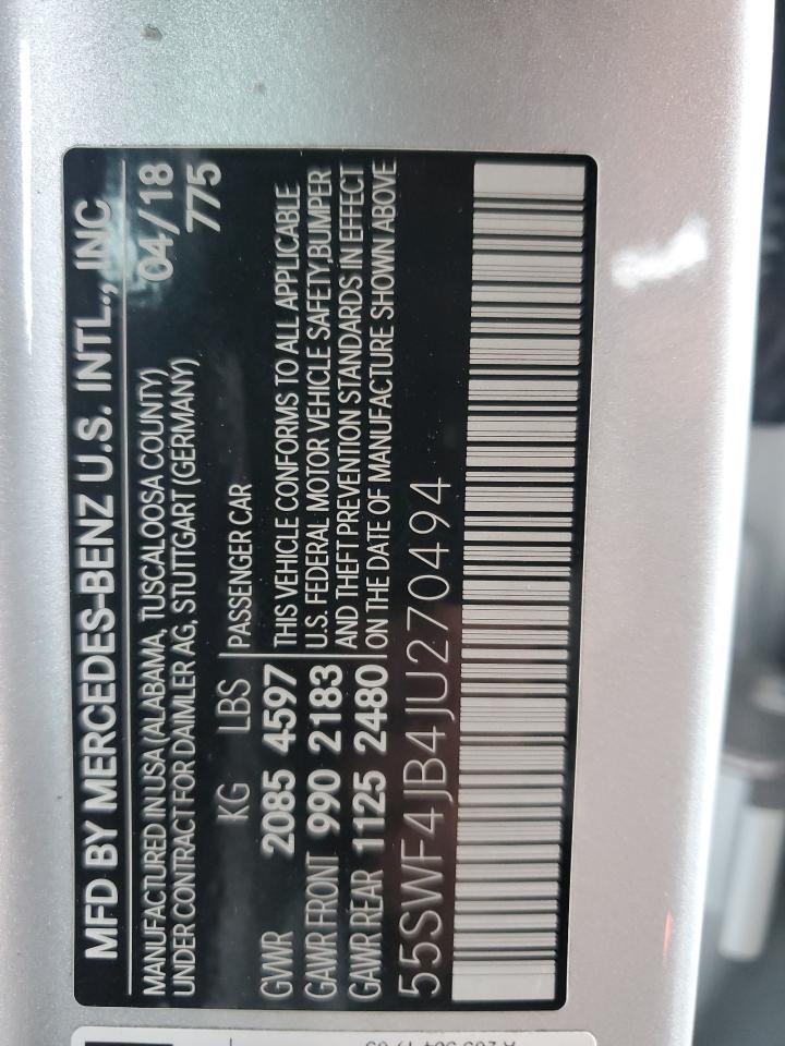 2018 Mercedes-Benz C 300 VIN: 55SWF4JB4JU270494 Lot: 85433695