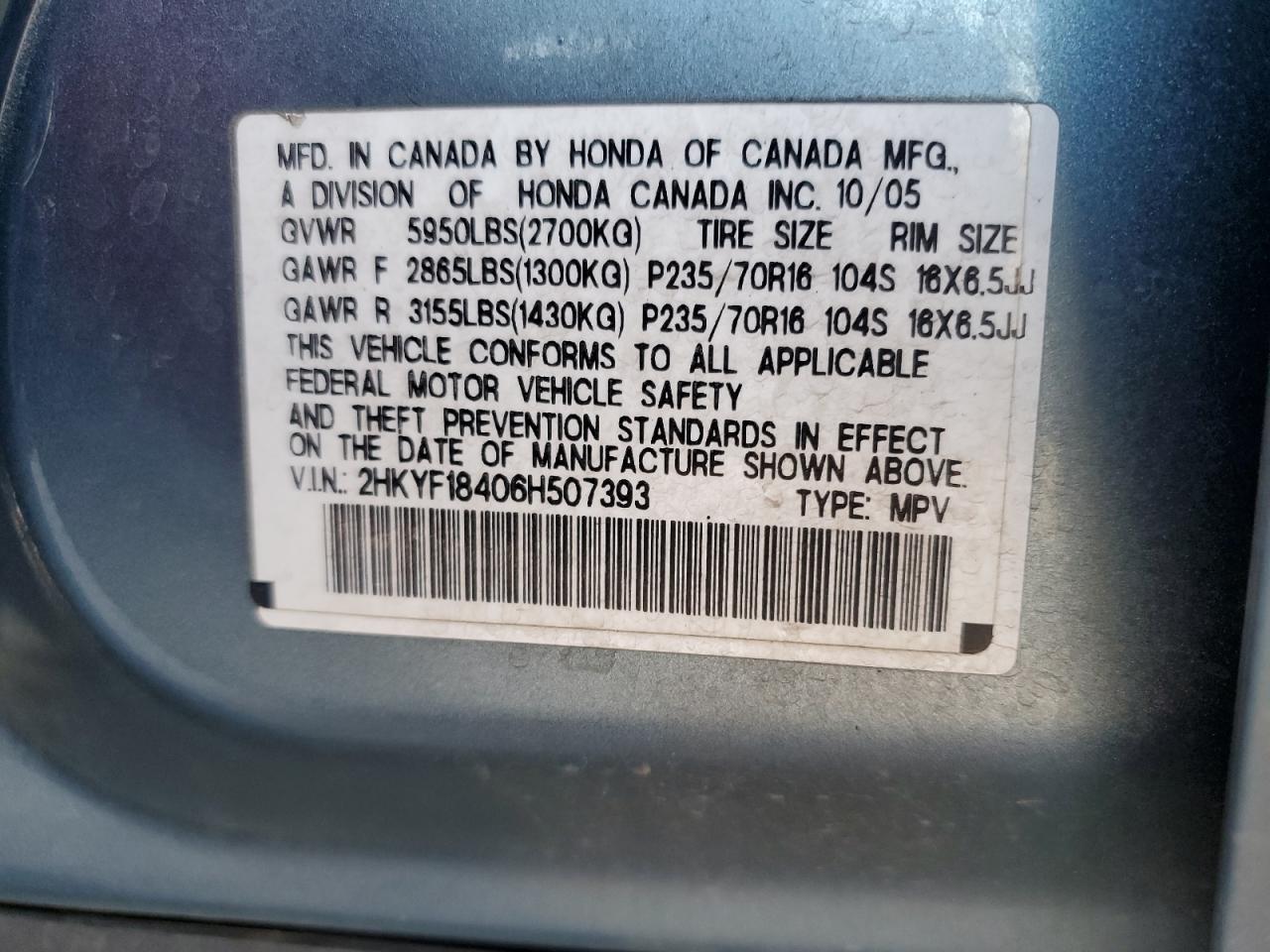 2006 Honda Pilot Ex VIN: 2HKYF18406H507393 Lot: 92789345