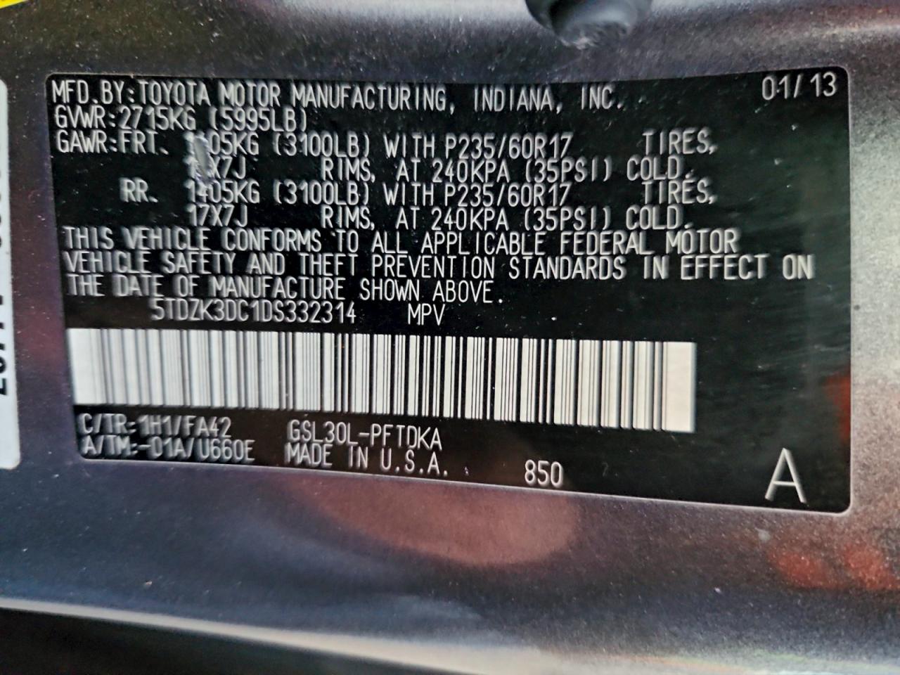 2013 Toyota Sienna VIN: 5TDZK3DC1DS332314 Lot: 94563335