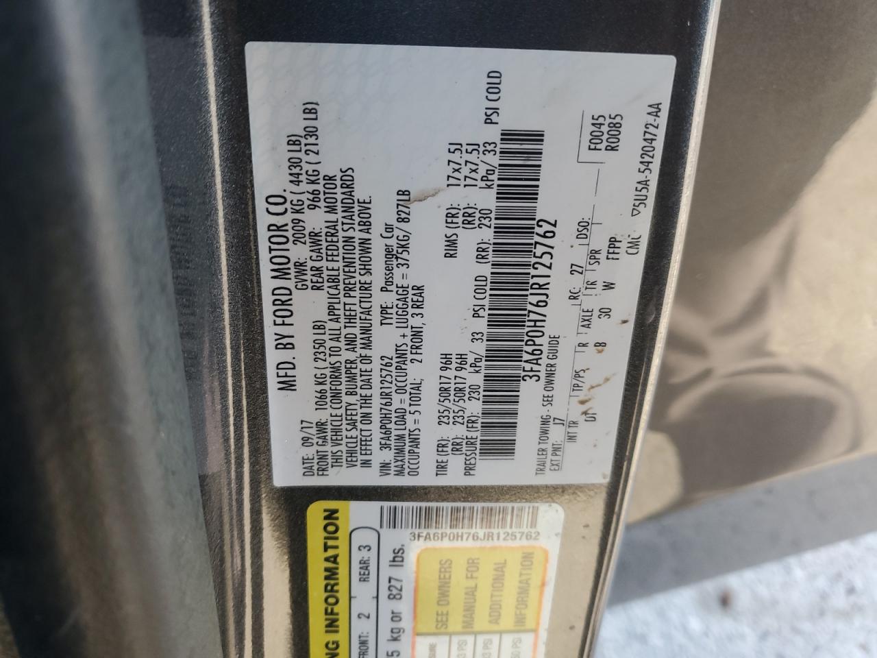 2018 Ford Fusion Se VIN: 3FA6P0H76JR125762 Lot: 91375225