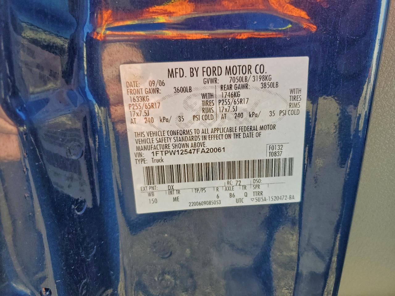 2007 Ford F150 Supercrew VIN: 1FTPW12547FA20061 Lot: 93774875