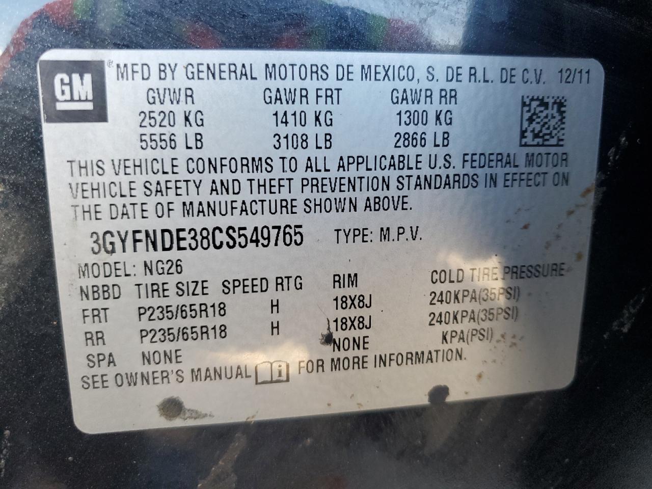 2012 Cadillac Srx Luxury Collection VIN: 3GYFNDE38CS549765 Lot: 92730445