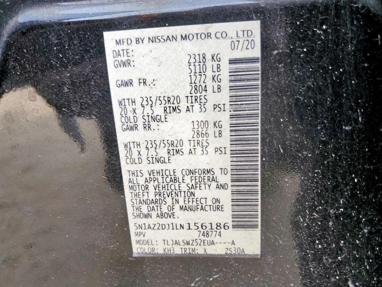 2020 Nissan Murano Platinum VIN: 5N1AZ2DJ1LN156186 Lot: 93474575